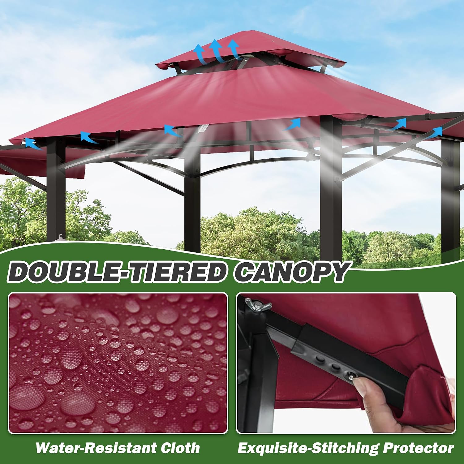 GARTOO 8'x5' Outdoor Grill Gazebo with 2 Side Awnings - Double Roof BBQ Gazebo Canopy with LED Lights and 2 Side Shelves, Patio BBQ Pergola Shelter for Garden, Porch and Backyard (Red)