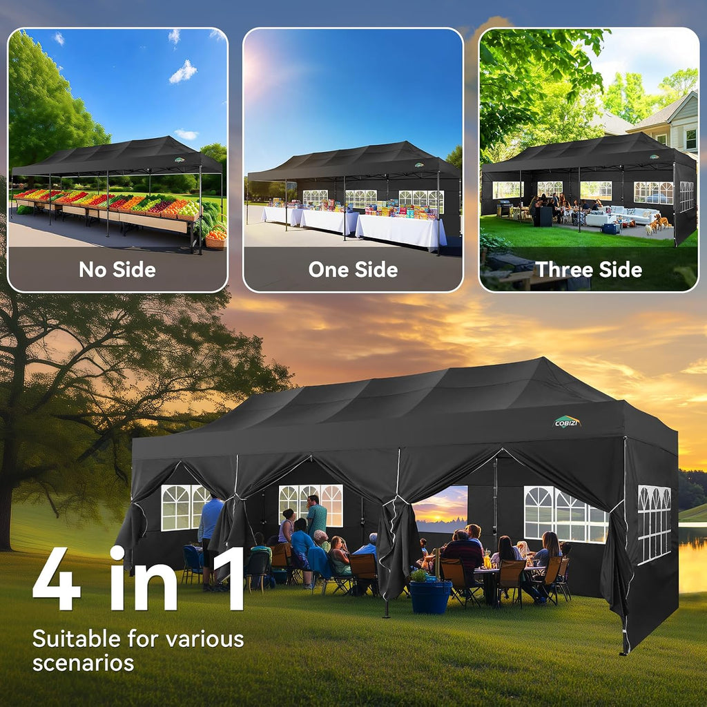 COBIZI 10x30 Heavy Duty Pop Up Canopy Tent with 8 Sidewalls Thicken Frame, Commercial Easy Up Outdoor Wedding Party Tents, All Season Waterproof Windproof with Stakes Sandbags Ropes Roller Bag, Black