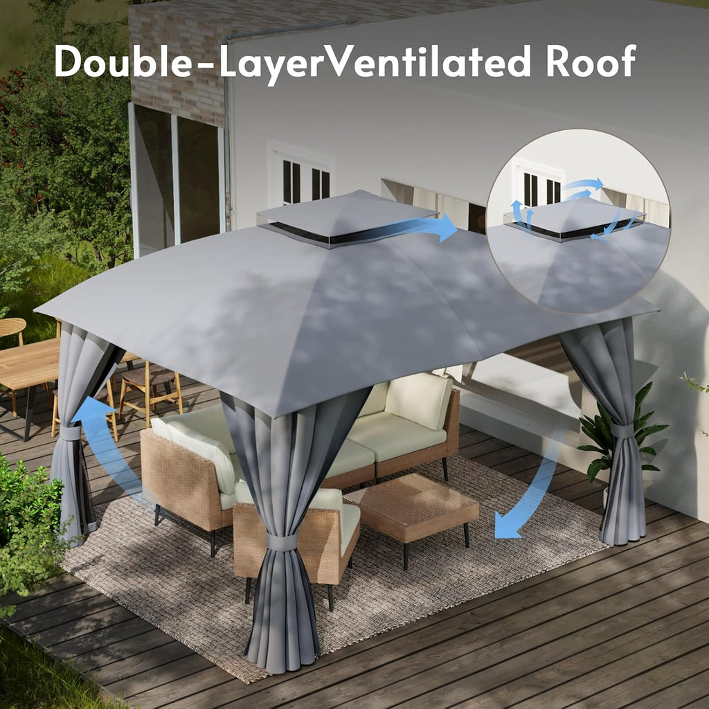 Outdoor Gazebo 10x12 with Double Roof, Patio Gazebo with Netting & Curtain Included. Trapezoidal Support System for Enhanced Stability, Perfect for Patio, Deck, Backyard