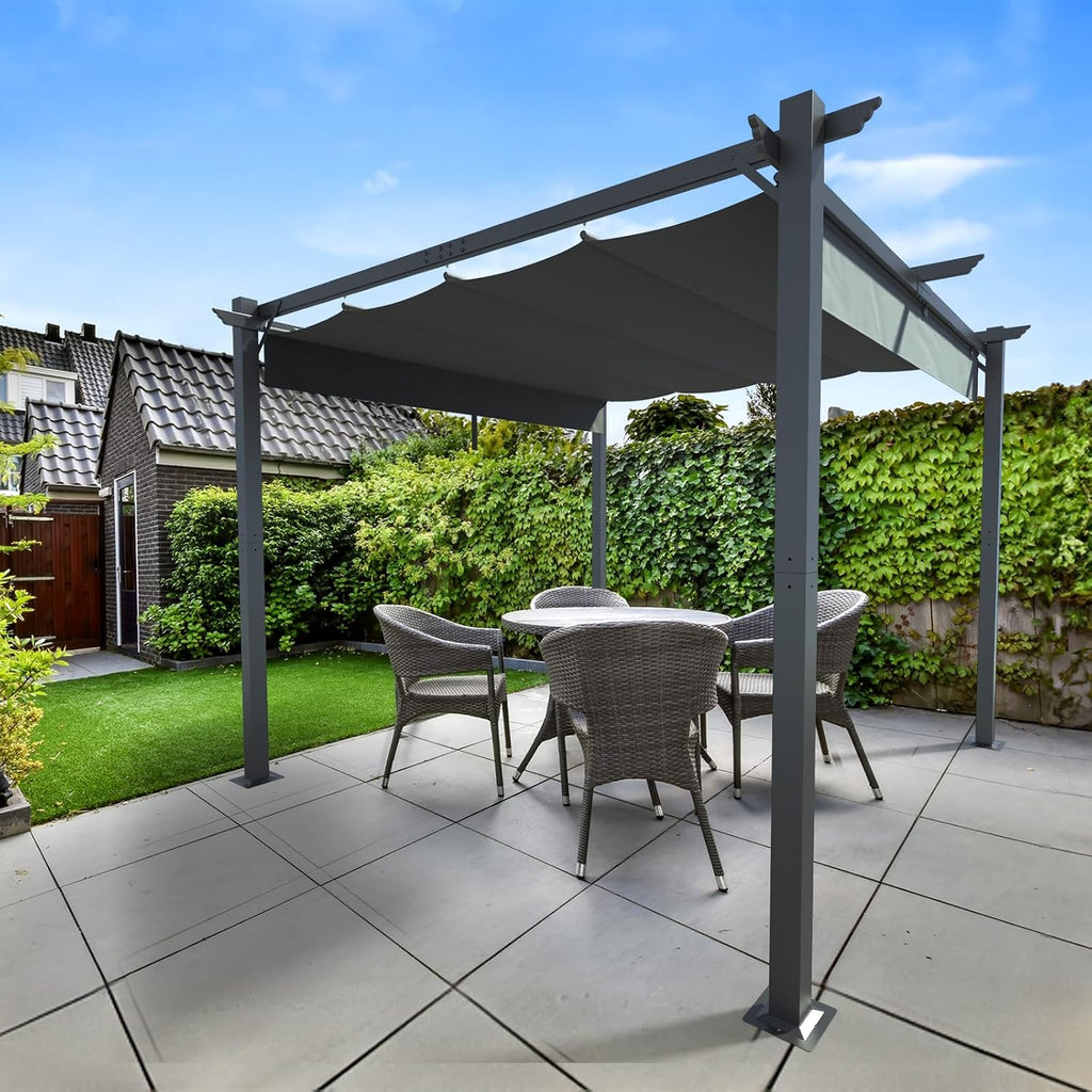 Outvita Patio Pergola, 10x10ft Aluminum Gazebo with Adjustable Retractable Waterproof Sun Shade Shelter Awning for Garden Lawn Deck