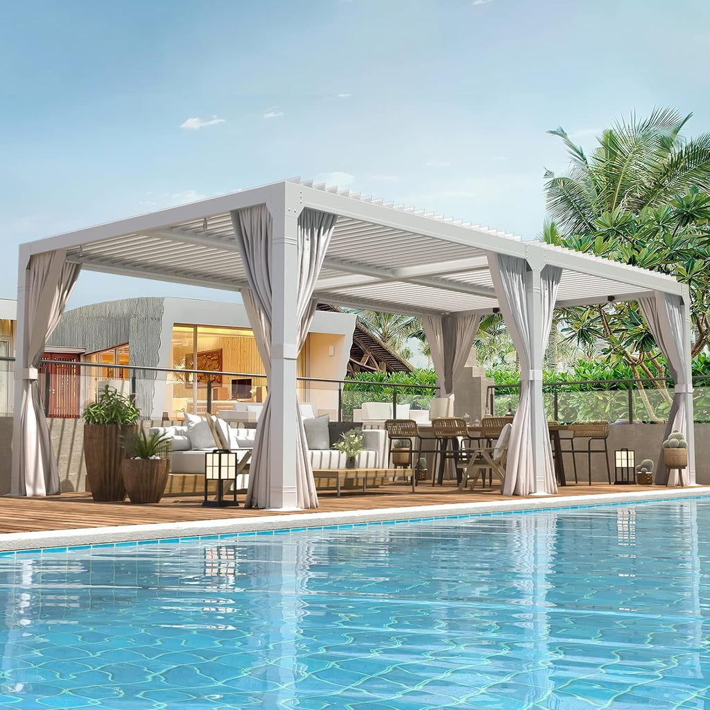 EROMMY Louvered Pergola 10x20, Outdoor Aluminum Pergola with Adjustable Rainproof Roof for Garden, Patio, Deck, Waterproof Curtains and Netting Included, White