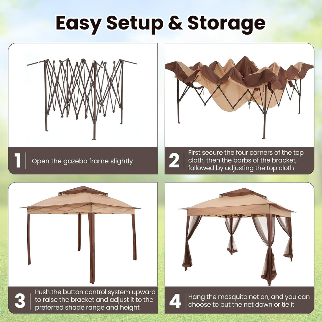 11x11 Pop Up Gazebo with Mosquito Netting Pop Up Canopy with Double Layer Ventilation Portable Bag Canopy Tent with 120 Square Feet of Shade Instant Tent for Garden Party Patio Backyard Beige