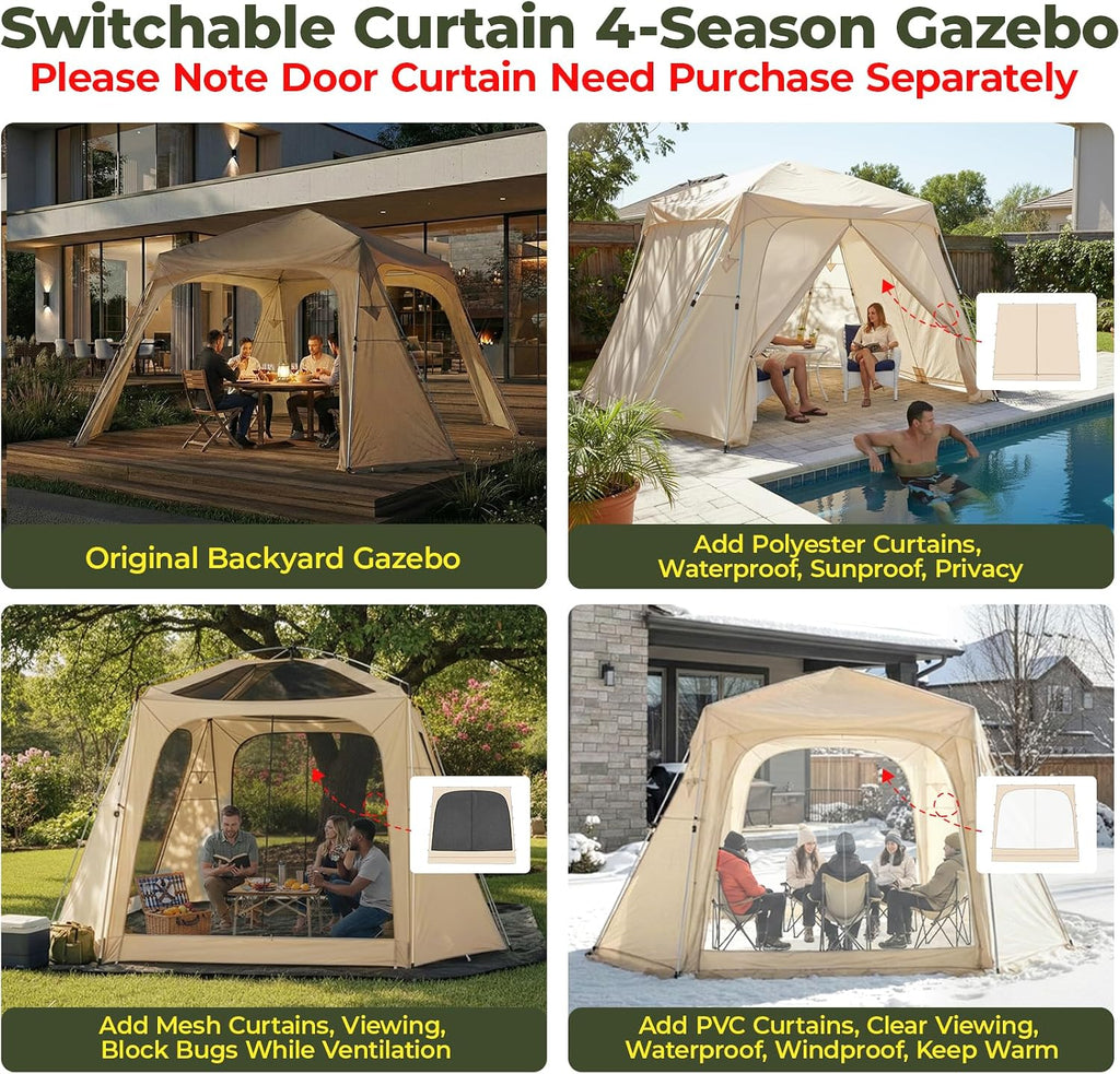 Alvantor® 12' x 12' Pop Up Gazebo, Canopy Tent All Weather & 4-Season Use, 4-Door PVC/Mesh/Polyester Curtain Addable, Top Mesh & Cover Portable Pergolas Pavilion for Patio, Backyard, Deck
