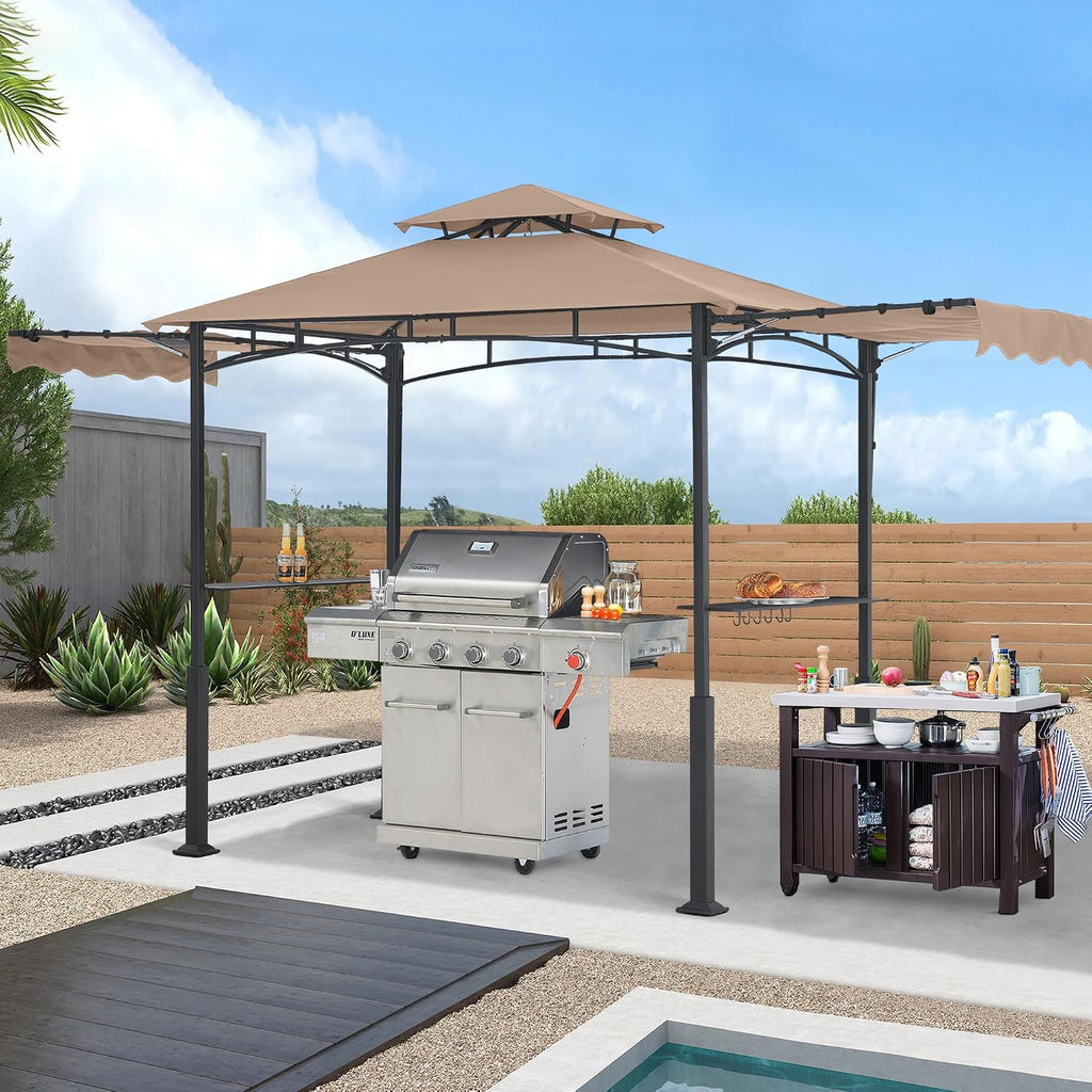 ABCCANOPY Grill Gazebo with 2 Side Awnings - 14x5 Outdoor BBQ Canopy Shelter with 2 Led Lights for Patio Backyard Grilling (Khaki)