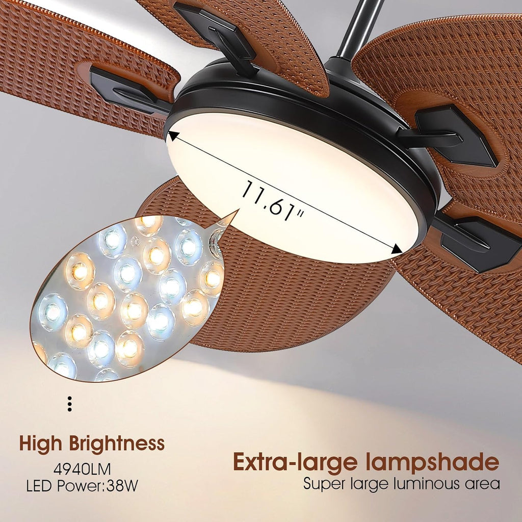 PHORUS 62' Large Waterproof Outdoor Palm Leaf Ceiling Fans with Lights and Remote,Wet Rated Tropical Ceiling Fans Light for Patios Porch Gazebo Pergola,6 Speeds Reversible