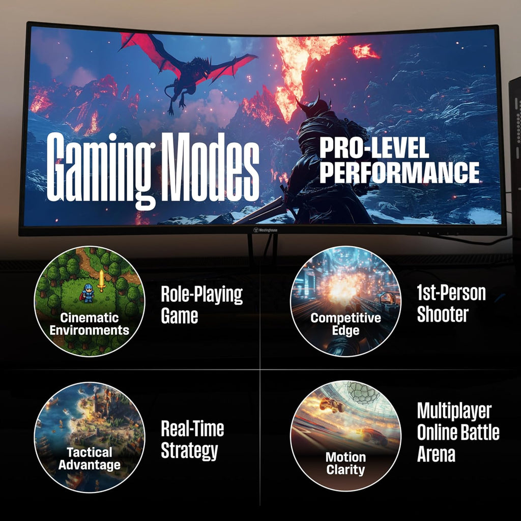 Westinghouse 34 Inch Curved Gaming Monitor, 2K Ultra-WQHD(3440x1440P), 180Hz, 1ms, AMD FreeSync Premium, 3000:1 Contrast Ratio, 122% sRGB, 1500R, Eyecare, Built-in Speakers, DisplayPortx2, HDMIx2