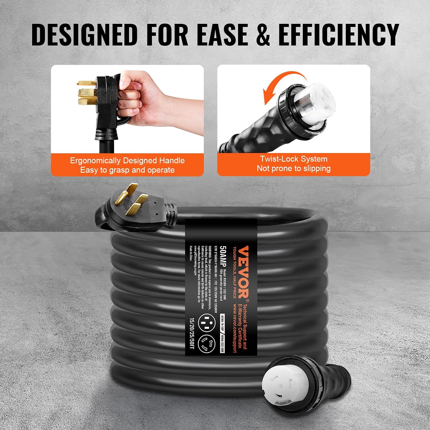 VEVOR 50 Amp Generator Cord and Power Inlet Box Kit, 50FT Generator Extension Cord NEMA 14-50P/SS2-50R STW 6/3+8/1 AWG with Twist Lock Connector, Pre-Drilled Inlet Box, ETL Listed