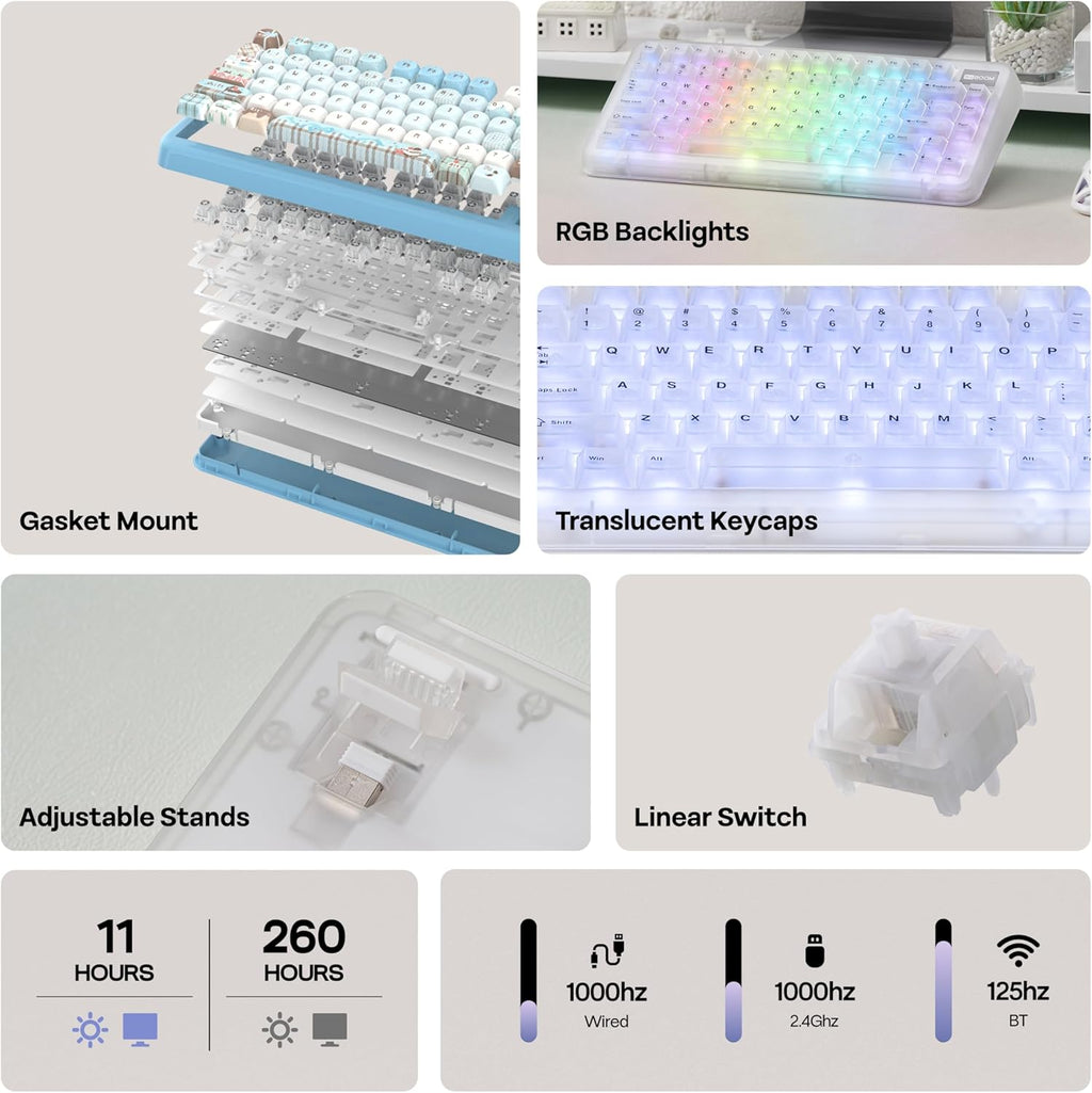 KiiBoom Phantom81 Lite 75% Gasket Mechanical Keyboard, QMK&VIA Programmable, 3 Modes Wireless Gaming Keyboard, RGB Backlights, ABS Case, Hot-Swappable for Windows/Mac/Linux (Clear)