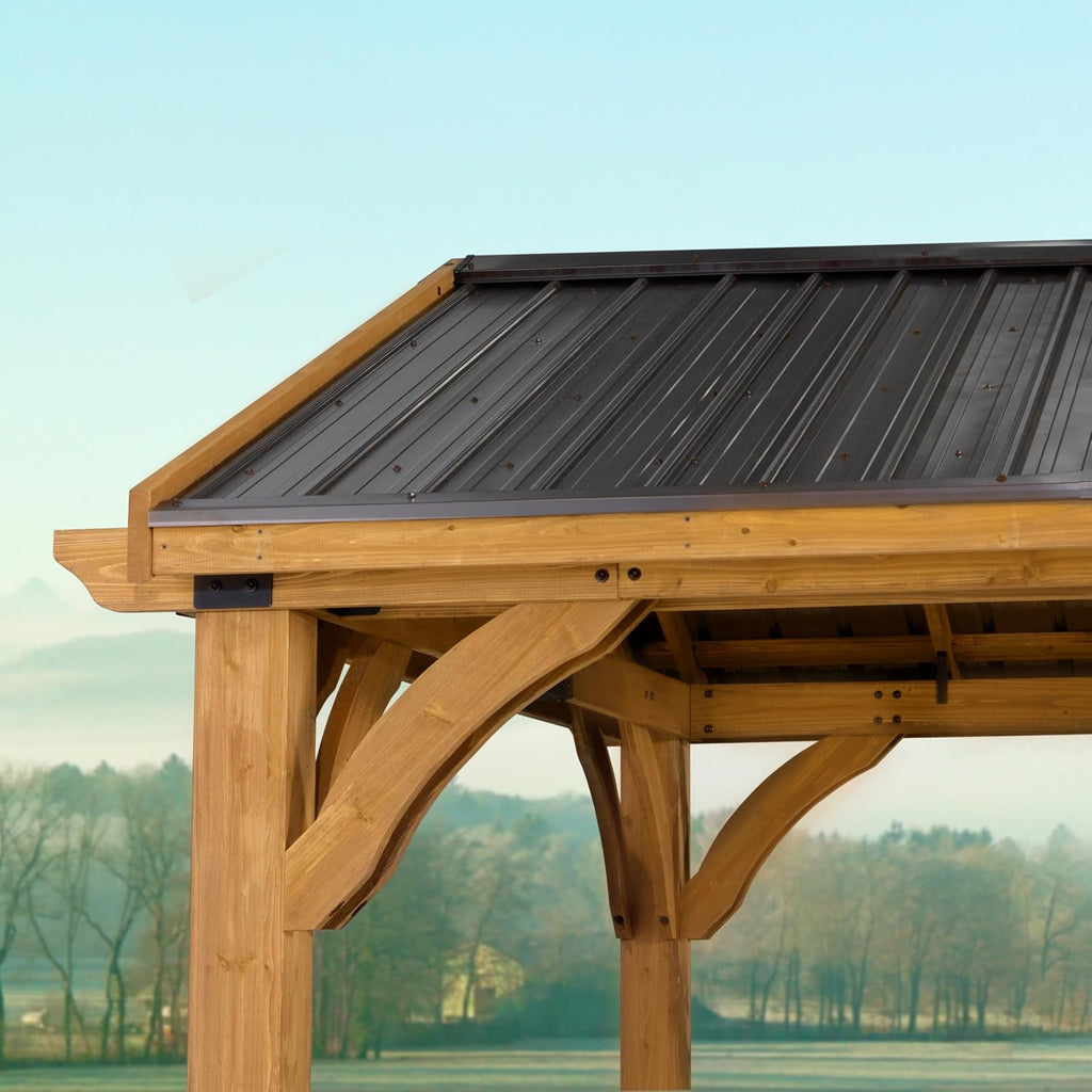 Backyard Discovery Arlington 12' x 10' Cedar Wood Outdoor Gazebo Pavilion with Hardtop Galvanized Steel Peak Roof, Snow Support, Wind Resistance, PowerPort, Shade for Garden, Patio, Deck, Entertaining