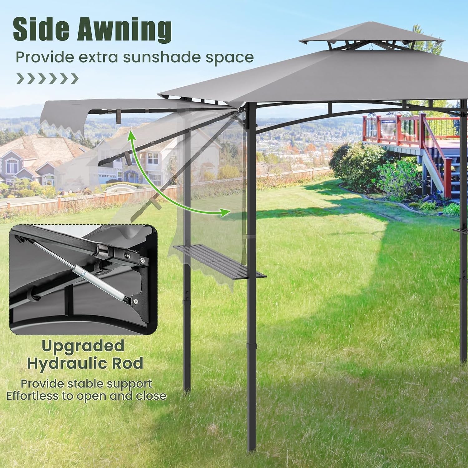 HAPPYGRILL Outdoor Grill Gazebo Canopy 11 x 5 FT, Barbecue Canopy with Double-Tiered Top, 2 Side Shelves, Hanging Hooks, Bottle Opener, Metal Frame, BBQ Grilling Shelter