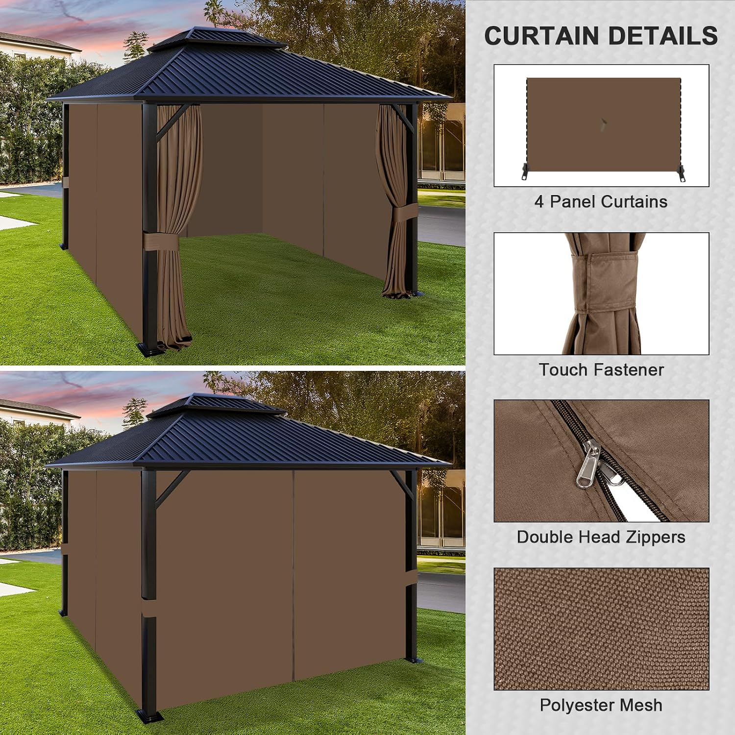 Aoodor 12x16 ft Outdoor Gazebo Curtains, 4 Panels Waterproof Privacy Sidewall Replacement with Zipper for Patio Pergola and Canopy, Brown