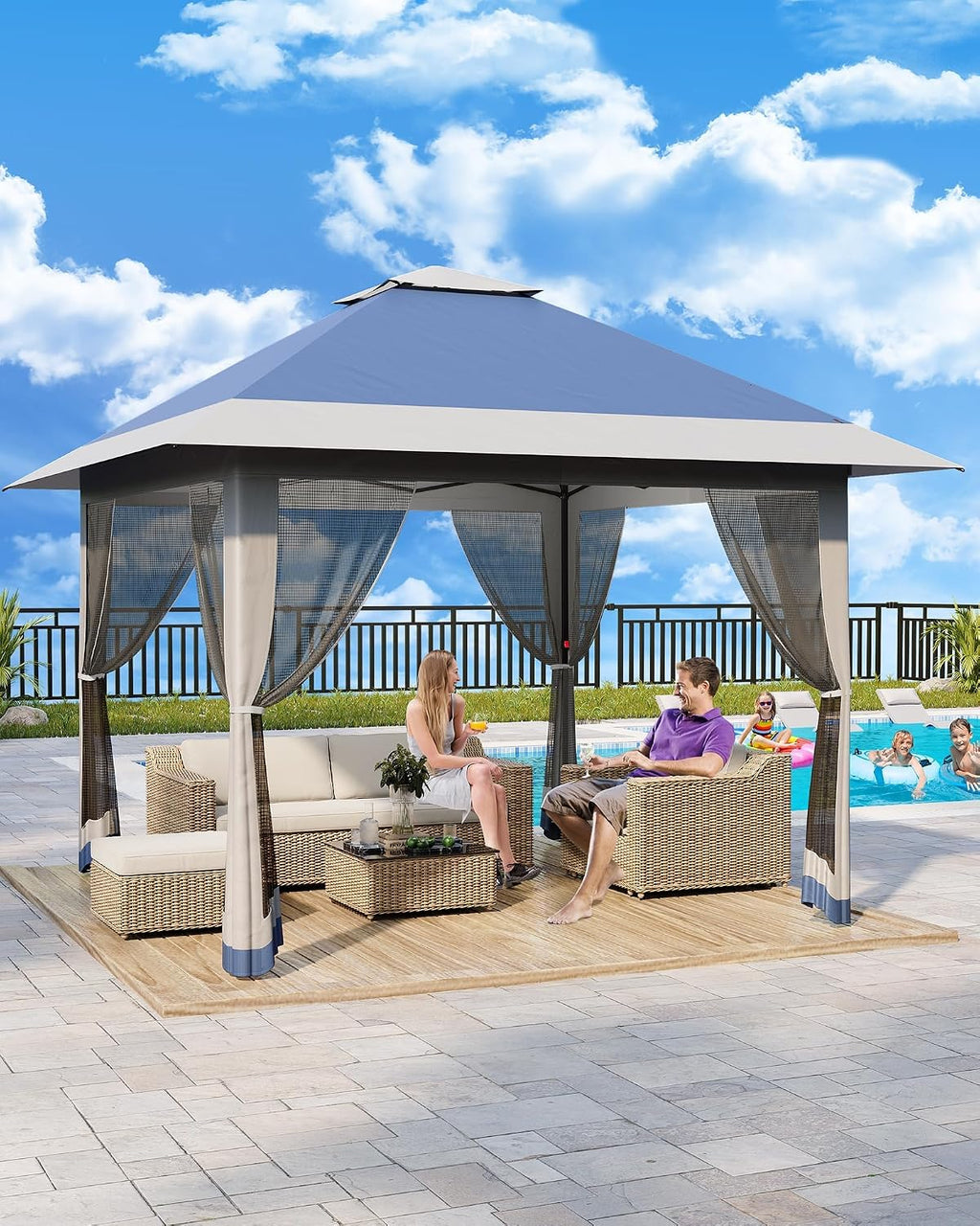 13x13ft Popup Hexagonal Gazebo with Mosquito Net, Adjustable Outdoor Hexagonal Canopy with Portable Handbag for Garden/Backyard/Patio - Gray (Navy Blue)