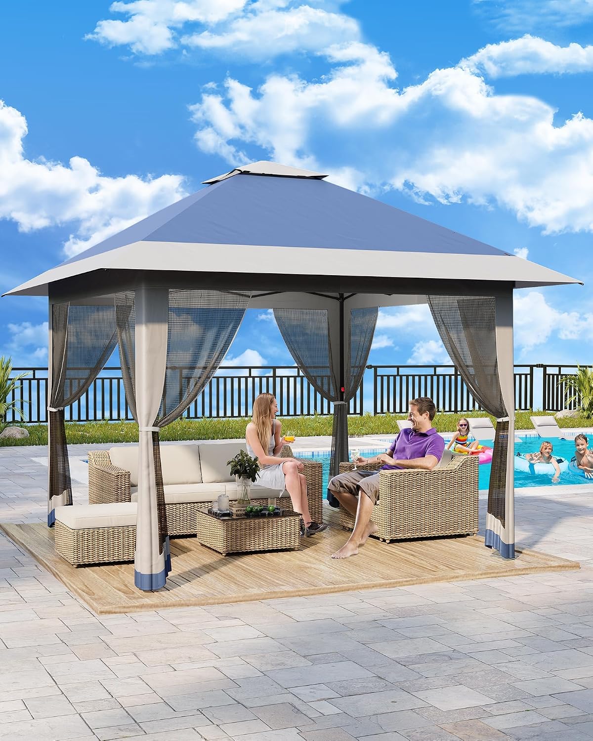 13x13ft Popup Hexagonal Gazebo with Mosquito Net, Adjustable Outdoor Hexagonal Canopy with Portable Handbag for Garden/Backyard/Patio - Gray (Navy Blue)