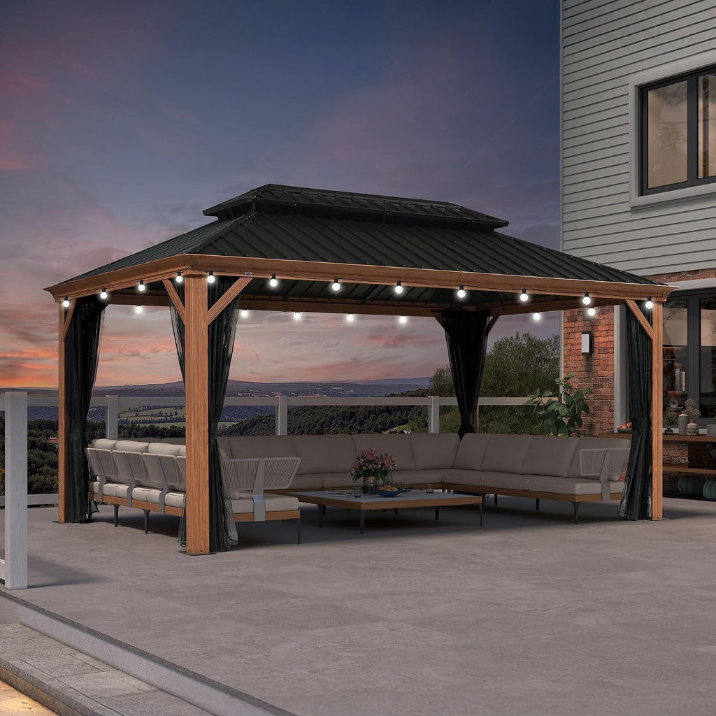 PURPLE LEAF 10' X 16' Outdoor Hardtop Gazebo for Patio Galvanized Steel Double Roof Permanent Canopy Teak Finish Coated Aluminum Frame Pavilion Gazebo with Netting and Lights