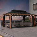 PURPLE LEAF 10' X 16' Outdoor Hardtop Gazebo for Patio Galvanized Steel Double Roof Permanent Canopy Teak Finish Coated Aluminum Frame Pavilion Gazebo with Netting and Lights