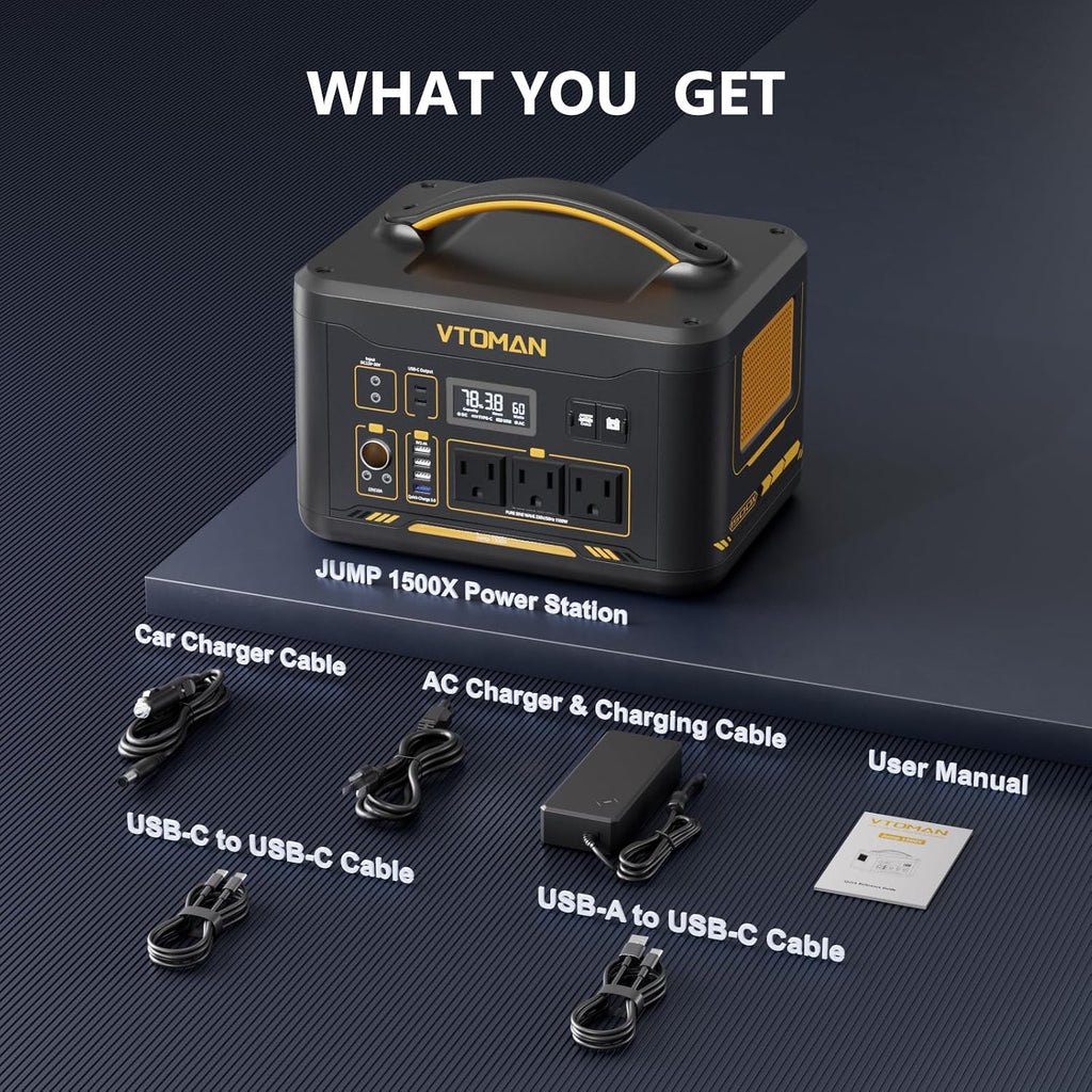 VTOMAN Jump1500X Portable Power Station, 828Wh LiFePO4 Battery Solar Generator with Jump Start, 1500W AC Outlet, 100W PD Type-C, Large Capacity Expandable to 2376Wh for Camping, RV Travel, Home Backup