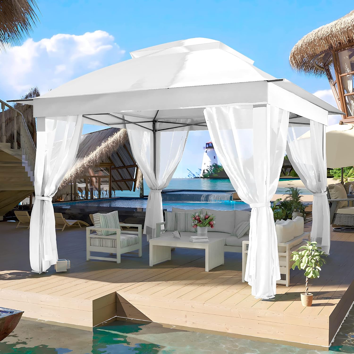 Joyside 11'x11' Pop Up Gazebo for Patios Gazebo Canopy Tent with Sidewalls Outdoor Gazebo with Mosquito Netting Pop Up Canopy Shelter Wedding Tent (White)