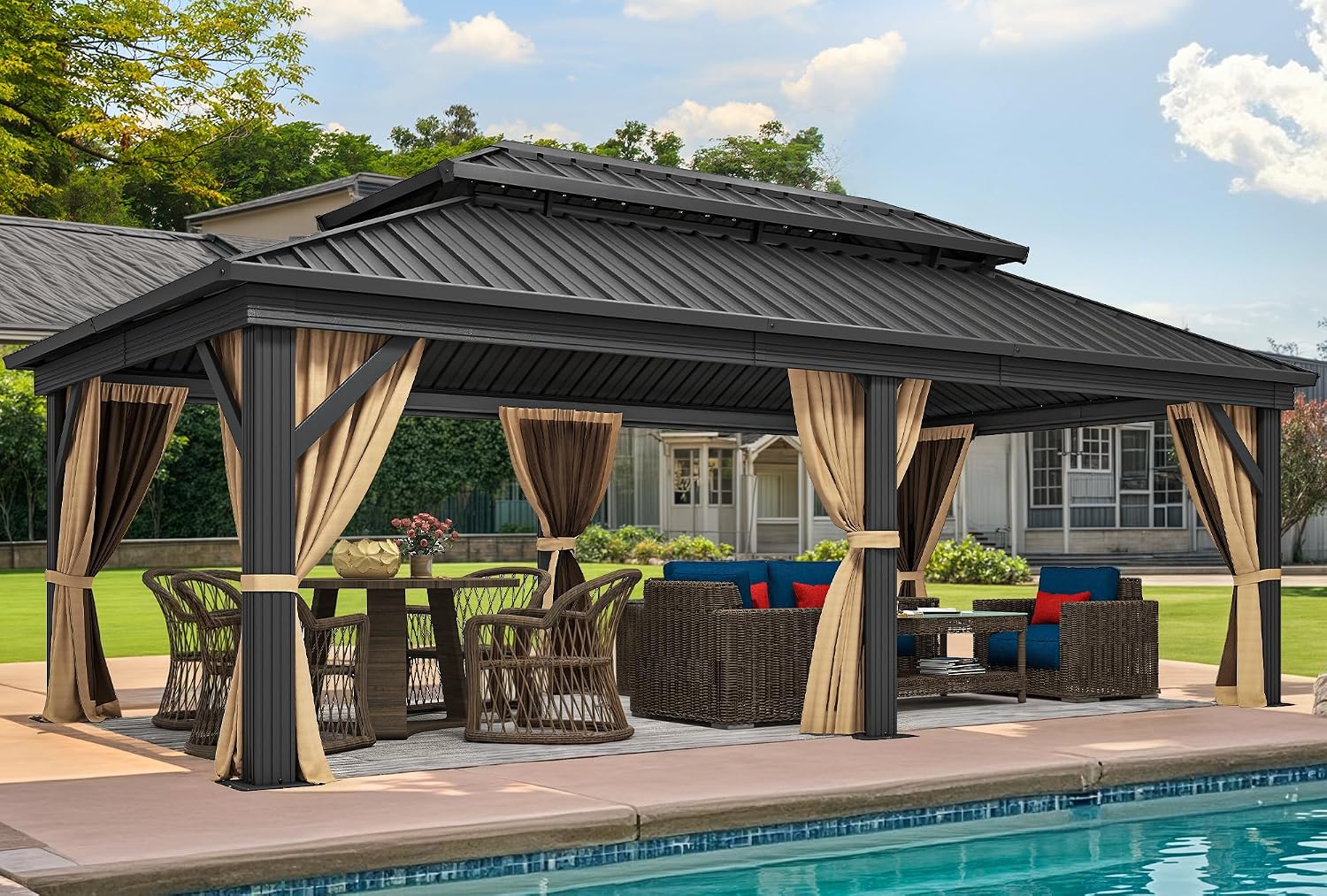 DWVO 12x18ft Hardtop Gazebo Double Roof with Nettings and Curtains, Heavy Duty Galvanized Steel Outdoor Vertical Stripes Roof for Patio, Backyard, Deck, Lawns, Brown
