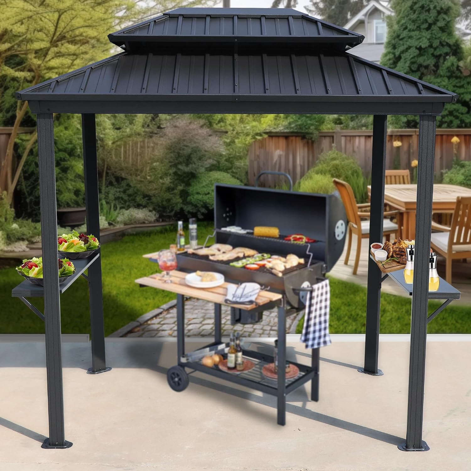 Kozyard 6' x 8' BBQ Hardtop Grill Gazebo, Outdoor Barbecue Shelter with Double Galvanized Metal Roof, Aluminum BBQ Gazebo with 2 Side Shelves for Outdoor Grilling Station (Gray, 6ft x 8ft)