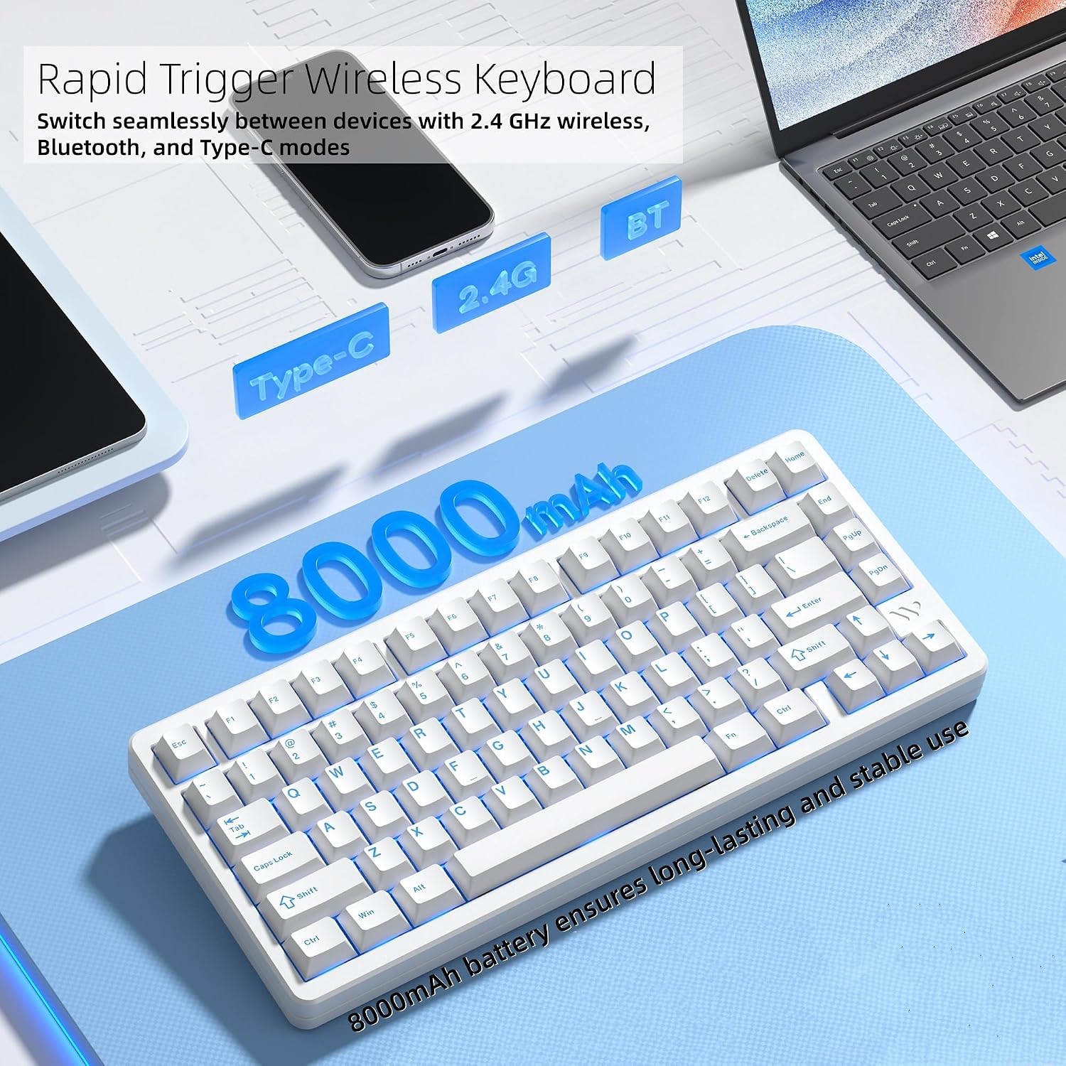 Womier SK75 TMR Keyboard Gaming 75% Hall Effec, Wireless Mechanical Keyboard Rapid Trigger Custom Magnetic Switches Keyboards with 8000 Hz Hot Swap, BT/2.4G/USB-C for Mac Windows Linux,White-Aluminum