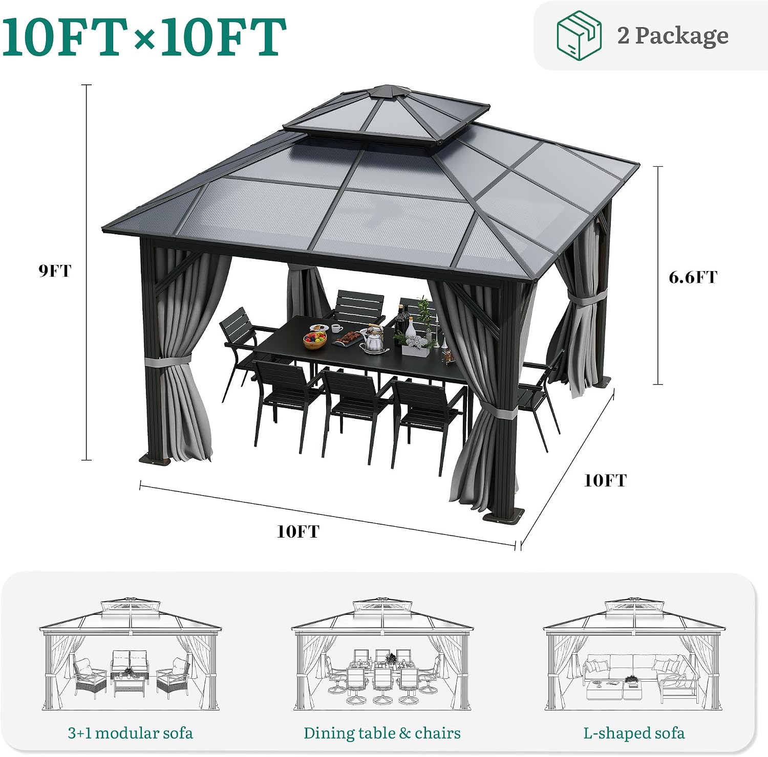 YITAHOME 10x10FT Gazebo Polycarbonate Hardtop Double Roof Canopy Outdoor with Netting and Shaded Curtains, Metal Frame Garden Tent for Patio, Backyard, Deck and Lawns, Grey