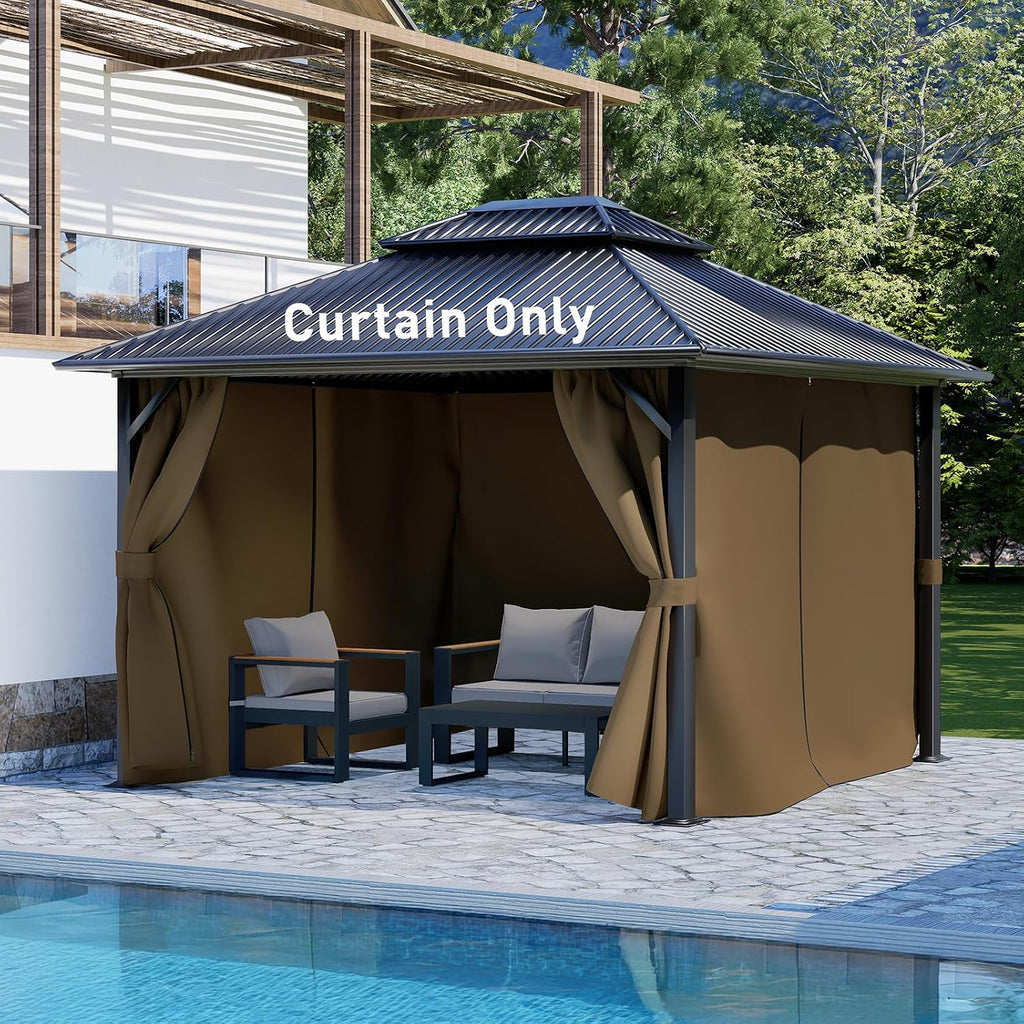 Aoodor 12x16 ft Outdoor Gazebo Curtains, 4 Panels Waterproof Privacy Sidewall Replacement with Zipper for Patio Pergola and Canopy, Brown