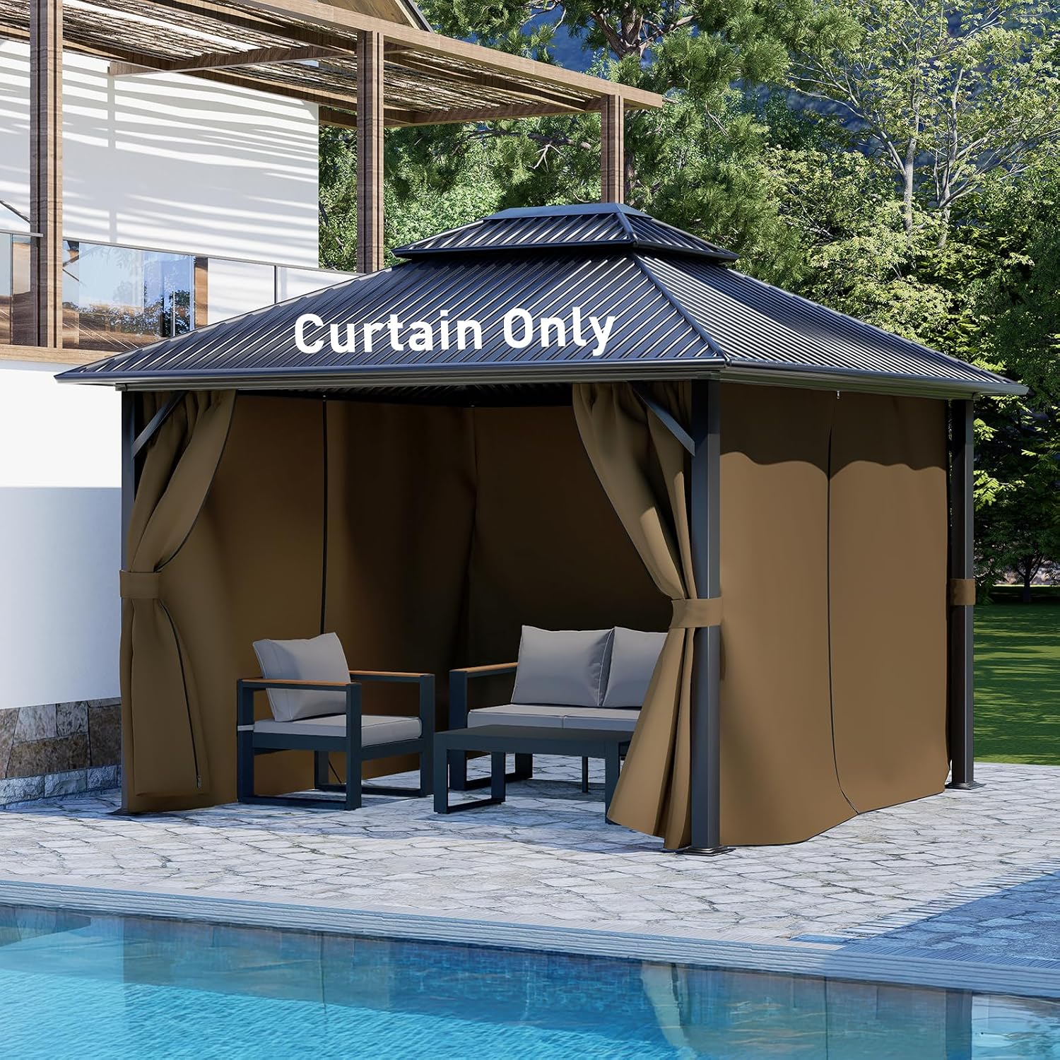 Aoodor 12x16 ft Outdoor Gazebo Curtains, 4 Panels Waterproof Privacy Sidewall Replacement with Zipper for Patio Pergola and Canopy, Brown