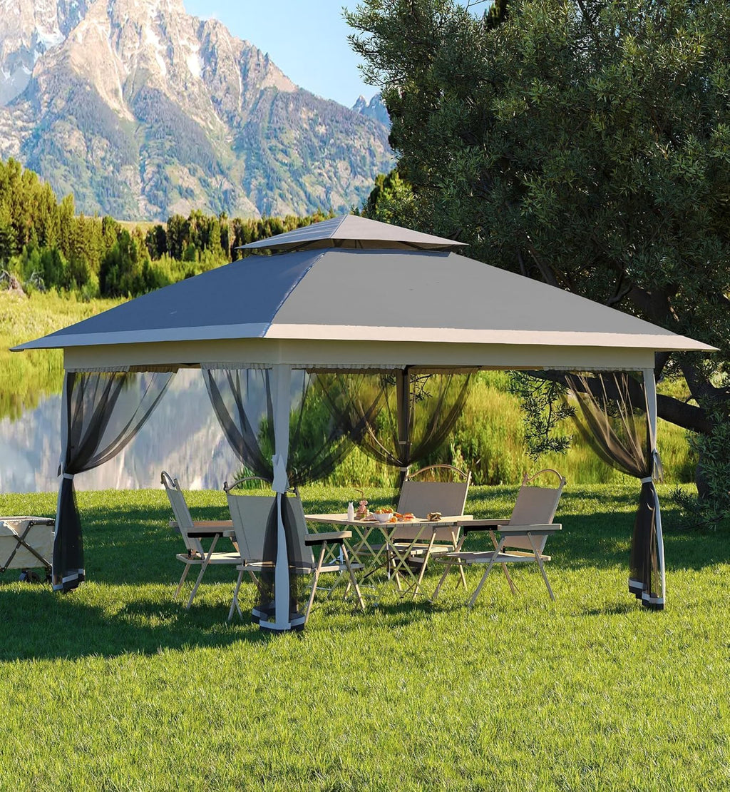 13x13ft Pop Up Gazebo, Outdoor Canopy Tent with Mosquito Netting, Heavy Duty Party Tent Shelter with Waterproof and Ultraviolet Double Roof for Backyard, Garden, Lawn and Deck (Grey)