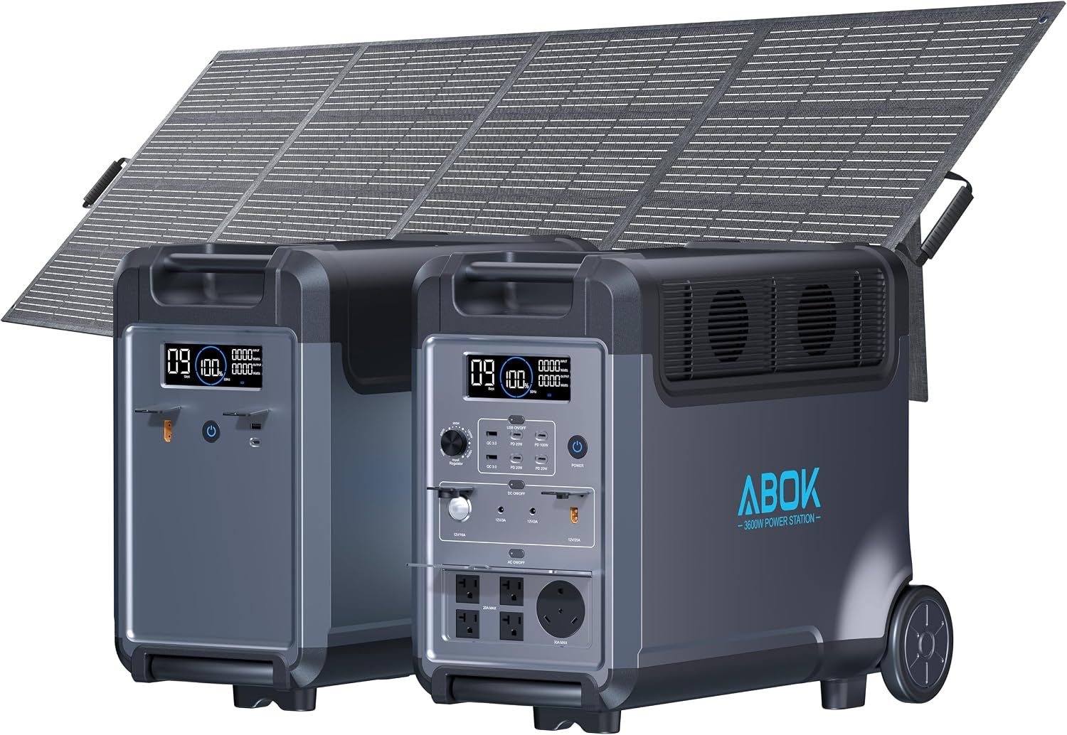 ABOK Ark3600 Portable Power Station with Extra Battery, 400W Solar Panel, 7680Wh LiFePO4 Battery(2 × 3840Wh), 2000W Max Solar Input, 3600W Solar Generator for Home Backup, Camping, RV, Emergencies