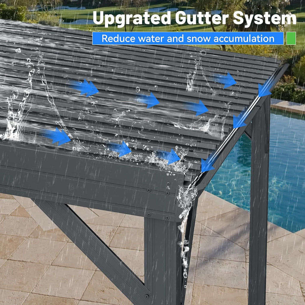 8x10FT Lean to Gazebo, Outdoor Metal Hardtop Wall Mounted Gazebo with Gutter & Sloping Galvanized Steel Roof, Hard Top Awnings/Shelter for Deck, Porch, Backyard