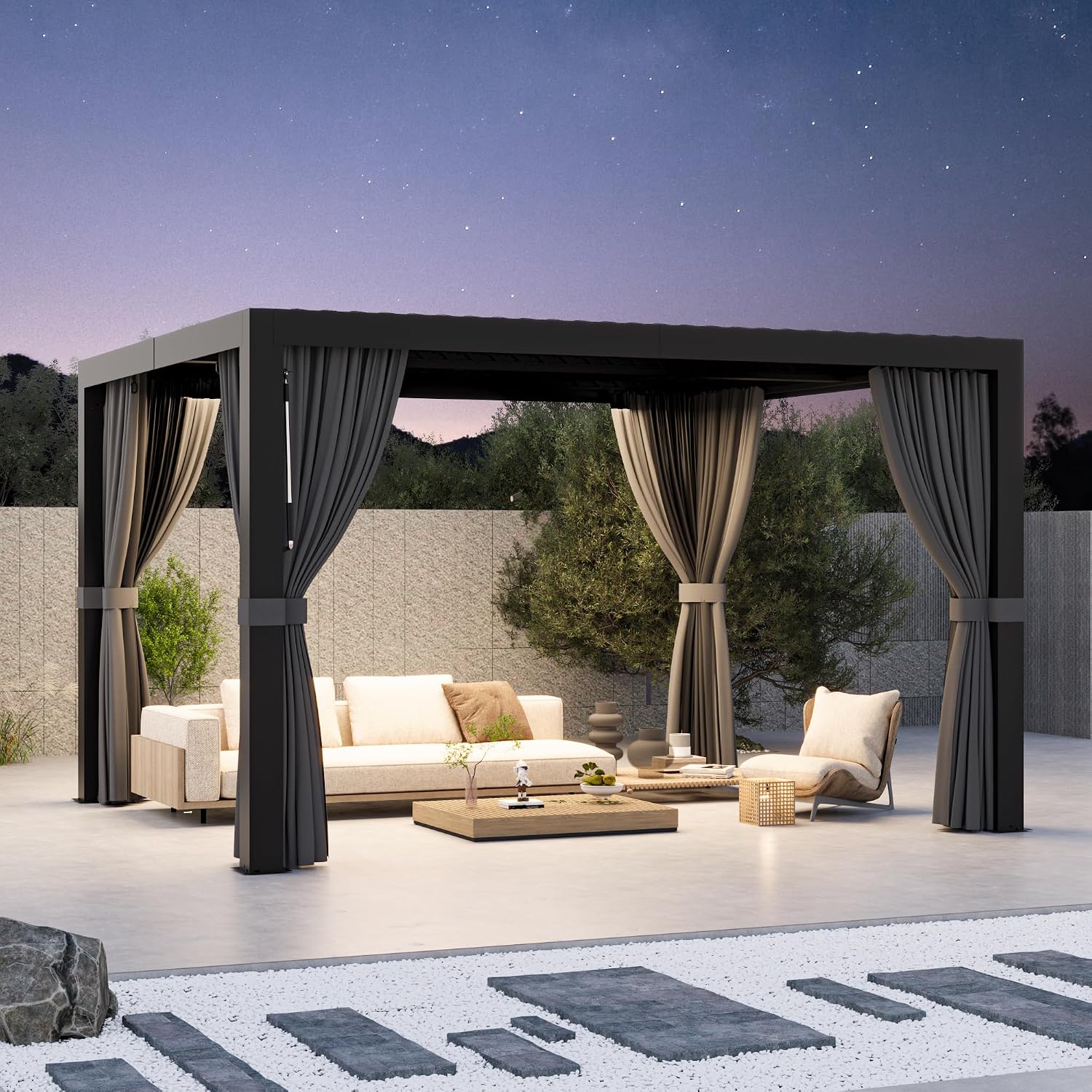 Modern Shade Aurora Louvered Pergola 10'x12' with USB Charging Port Deck, Outdoor Pergola with Integrated Drainage, Netting and Curtains for Patio Deck Garden, Easy Assembly, Black