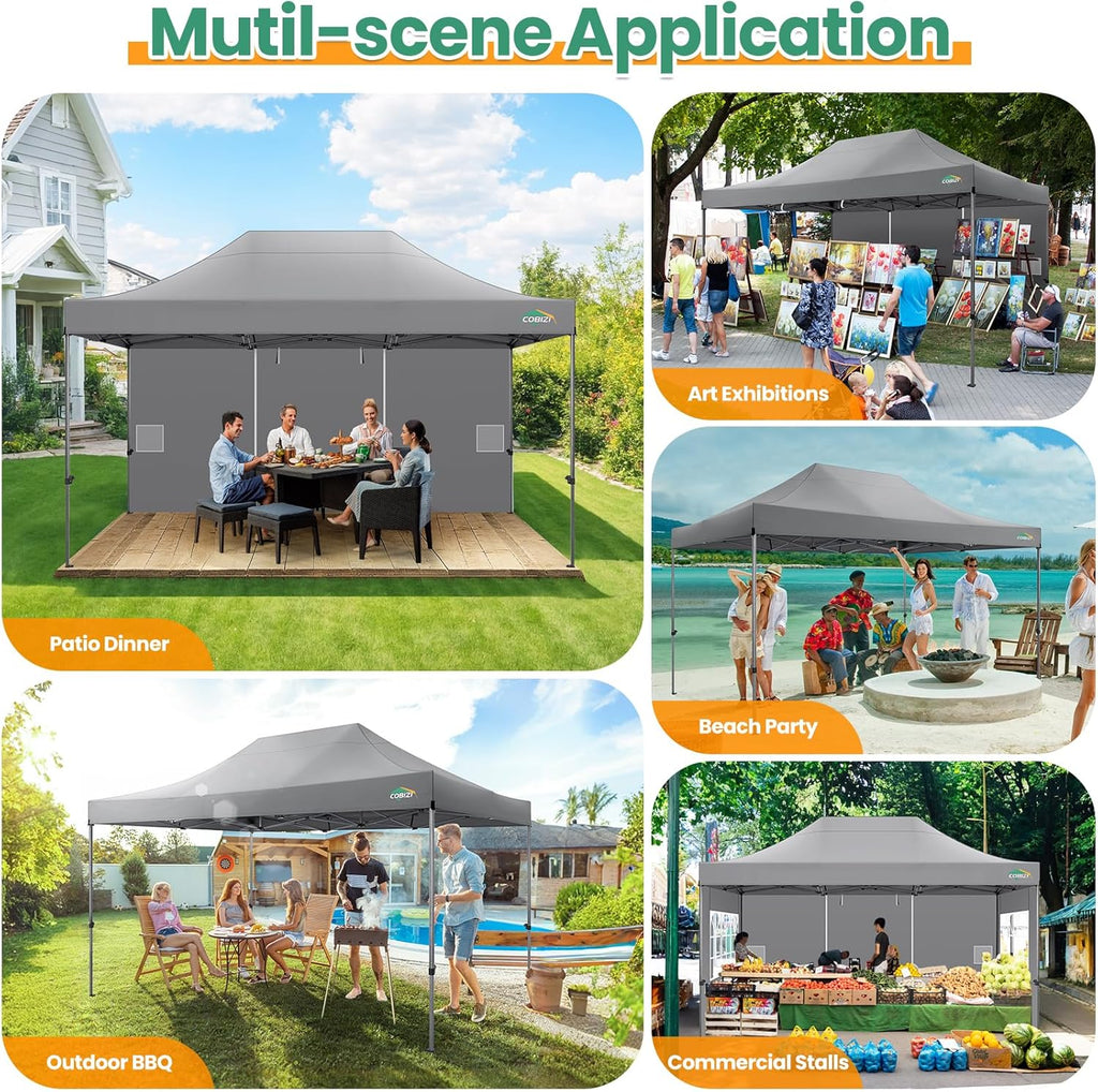 COBIZI 10x15 FT Heavy Duty Pop up Canopy with 4 Removable Sidewalls, Easy up Gazebo High Stability, All Weather Sunshade 100% Waterproof Outdoor Canopy Tents with Carry Bag, Gray