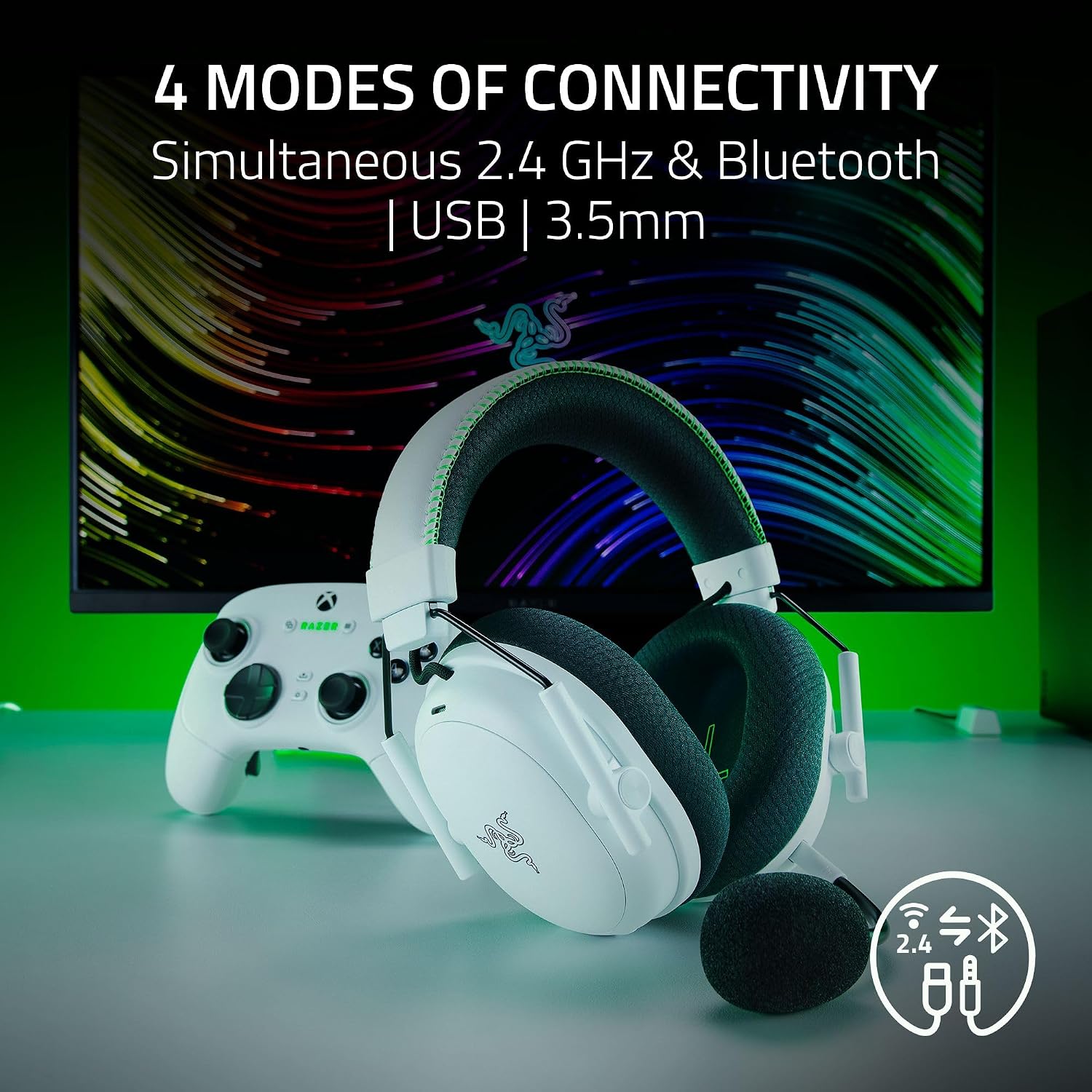 Razer BlackShark V3 Pro Wireless ANC Gaming Headset for Xbox: Full Band Mic - 50mm Driver - 2.4 GHz, Bluetooth, USB, 3.5mm - Works with PC, Mac, PS5, Nintendo Switch - Long Battery Life - White