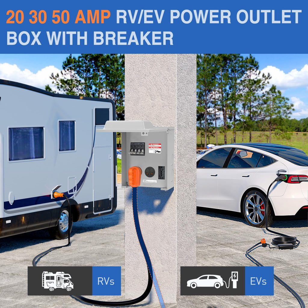 Nilight 20 30 50 Amp RV Power Outlet Box with Breaker 125/250V NEMA 14-50R TT-30R GFCI Temporary Receptacle Panel ETL Listed Heavy Duty Enclosed Lockable Waterproof for EV Camper Van Travel Trailer
