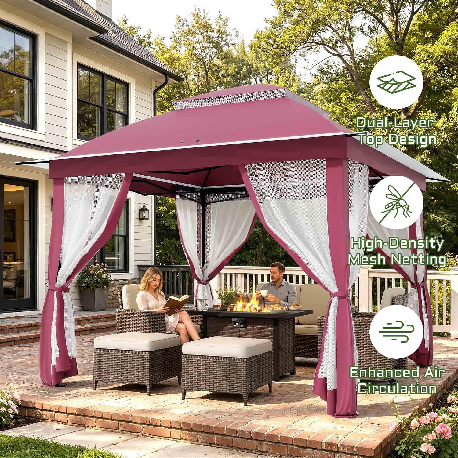 11'X11' Gazebo Pop Up with 4 Sidewalls Mosquito Netting, Heavy Duty Patio Gazebo Canopy Tent with Double Air Roofs for Backyards, Patios, Decks, Gardens, Parks