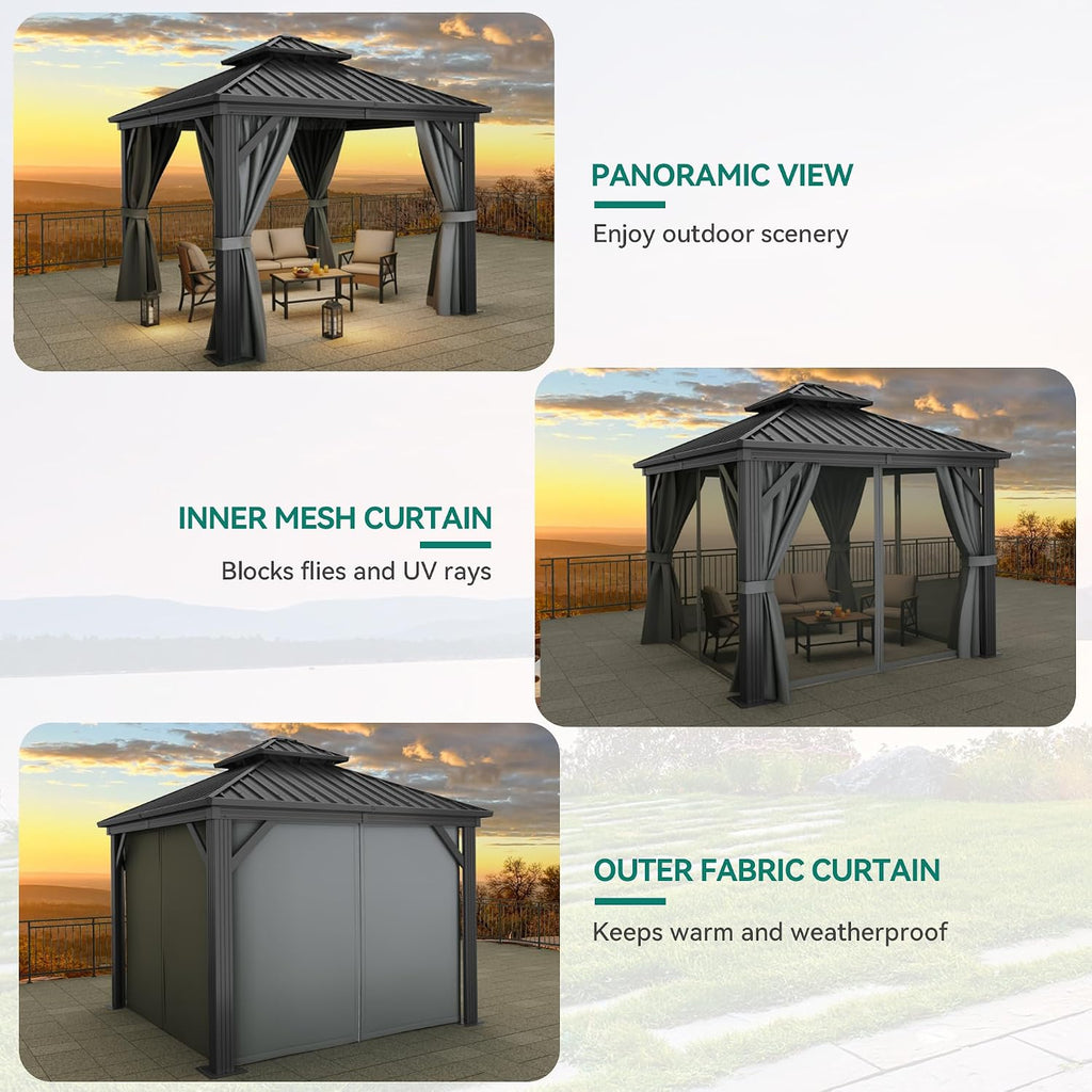 YITAHOME 10x10ft Hardtop Gazebo with Nettings and Curtains, Heavy Duty Double Roof Galvanized Steel Outdoor Combined of Vertical Stripes Roof for Patio, Backyard, Deck, Lawns, Gray
