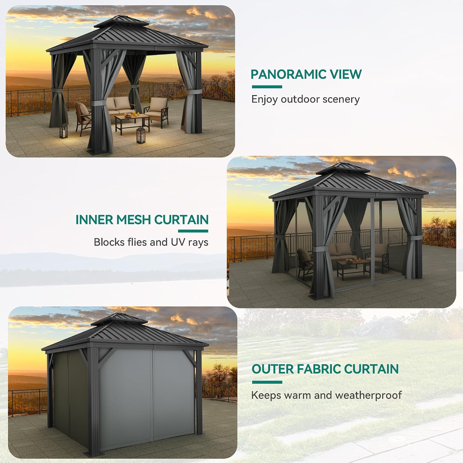 YITAHOME 10x10ft Hardtop Gazebo with Nettings and Curtains, Heavy Duty Double Roof Galvanized Steel Outdoor Combined of Vertical Stripes Roof for Patio, Backyard, Deck, Lawns, Gray