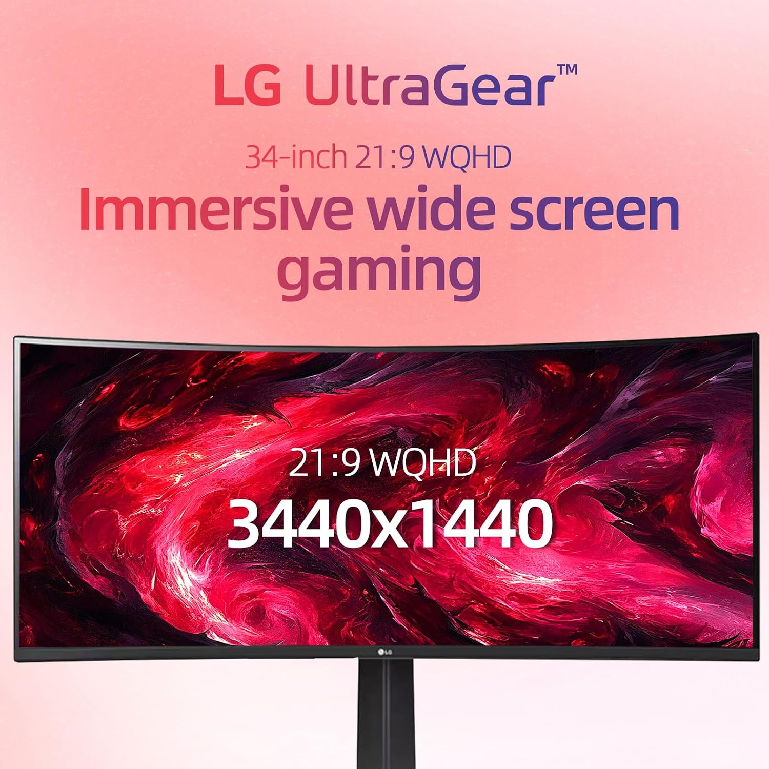 LG 34' Ultragear Curved Gaming Monitor, WQHD (3440 x 1440),160Hz, AMD FreeSync Premium, HDR10, 99% sRGB, Tilt/Height Adjustable Stand, Built-in Speakers