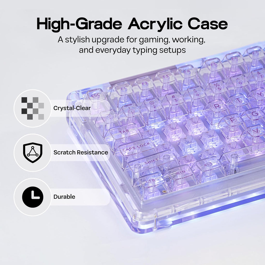 KiiBoom Phantom 98 Crystal Mechanical Gaming Keyboard, Transparent Keyboard with RGB Backlits, Hot-Swappable, Shine Through Clear Keycaps, 3 Modes Wireless, 8000mAh Battery, NKRO for Win/Mac (Purple)