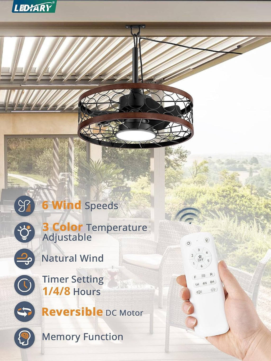 LEDIARY Outdoor Ceiling Fan with Light and Remote,Waterproof Gazebo Fan with Hanging Hook,6 Speeds, 3CCT, 20 Inch Caged Plug in Ceiling Fan for Patios,Porch, Pergola,Canopy