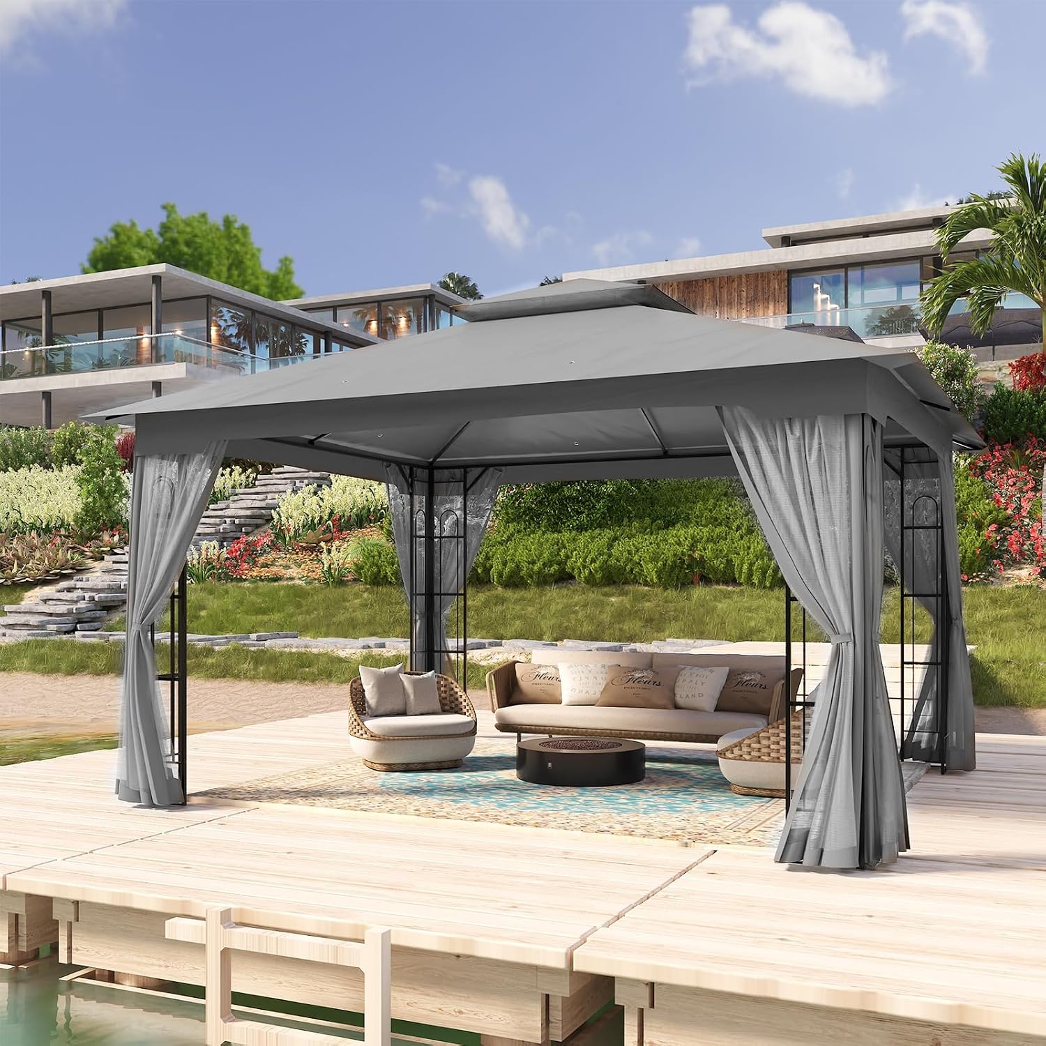 COOS BAY 10x12 Outdoor Patio Gazebo with Netting, Two Tier Water Resistant Canopy for Backyard, Gray