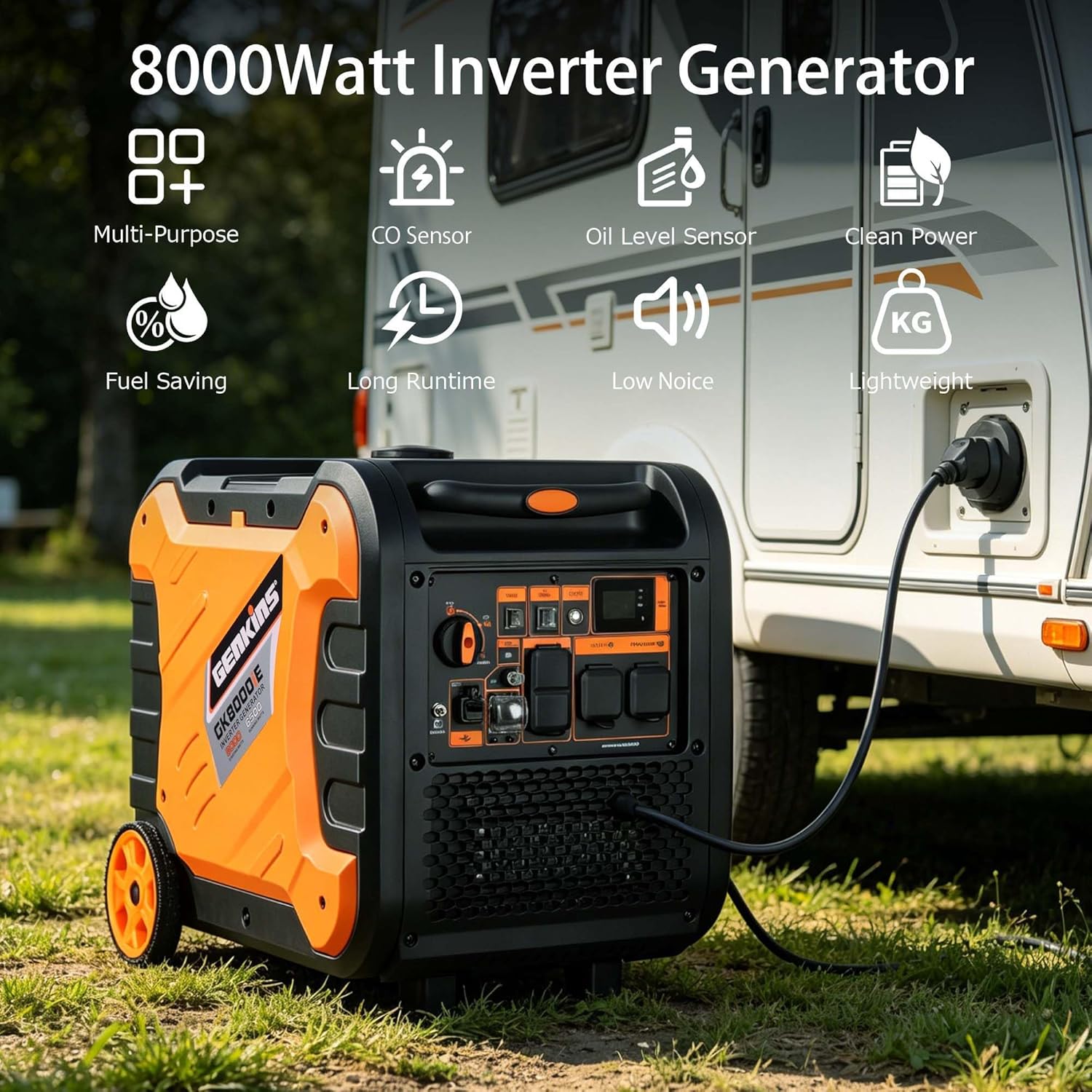 Genkins 8000W Inverter Generator Outdoor Portable Generators Gas Powered Super Quiet with Electric Start Ideal for Home Backup, RV, Camping, Travel
