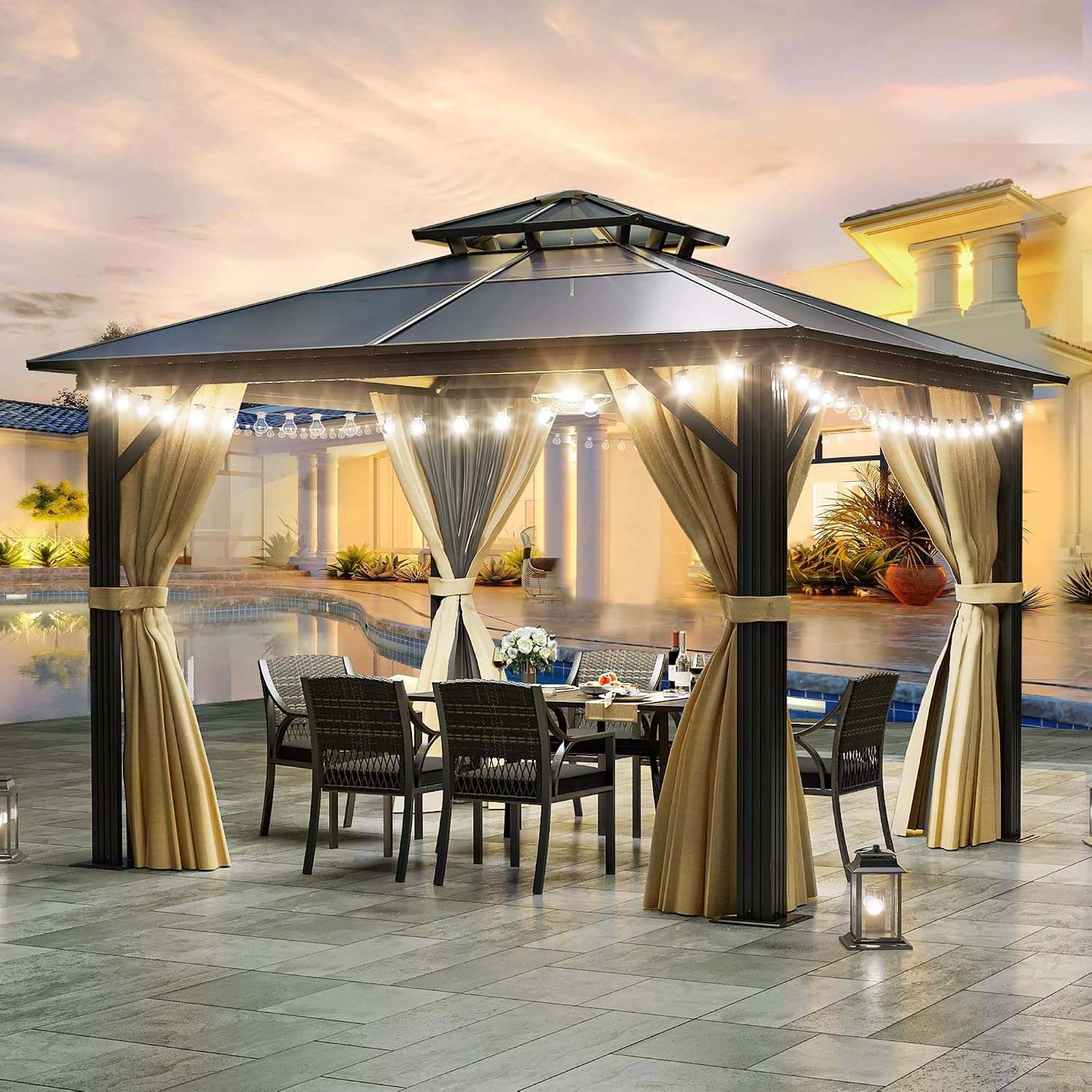 DWVO 10x10ft Hardtop Gazebo Double Roof Polycarbonate Canopy Outdoor with Netting and Shaded Curtains, Aluminum Frame Garden Tent for Patio, Backyard, Deck and Lawns