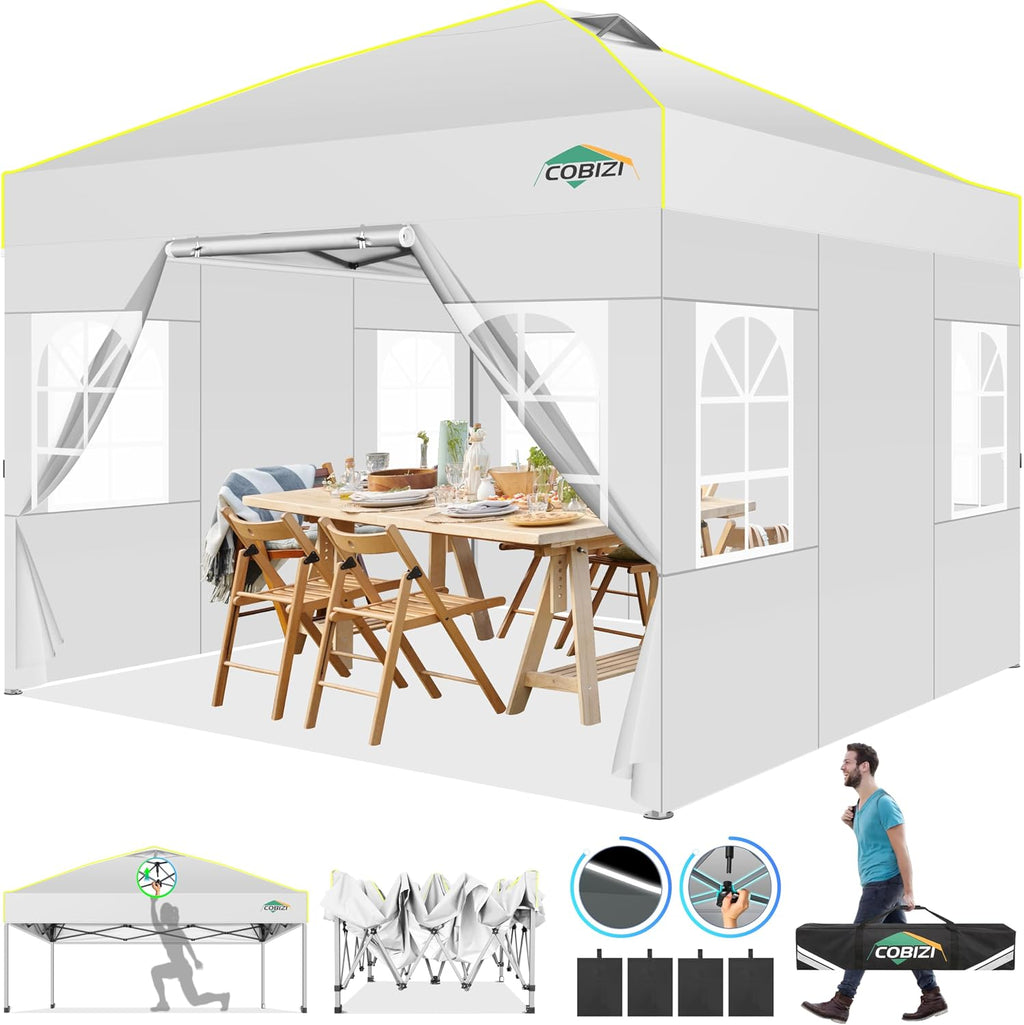 COBIZI 10x10 Pop up Canopy Tent with Sidewalls, One Push Setup, Waterproof & UV 50+ Outdoor Commercial Event Gazebo with Air Vent, Reflective Strip, 4 Sandbags Tents for Parties/Backyard/Camping,White