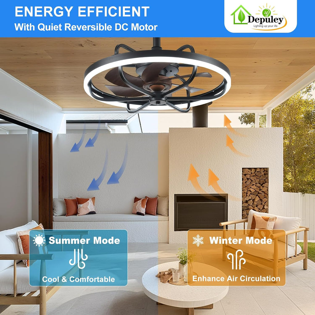 Depuley 20' Outdoor Ceiling Fan with Lights, Walnut and Black Waterproof Gazebo Hanging Fan with Remote App Control, Dimmable Plug in Caged Outdoor Ceiling Fans for patios Porch 6-Speeds