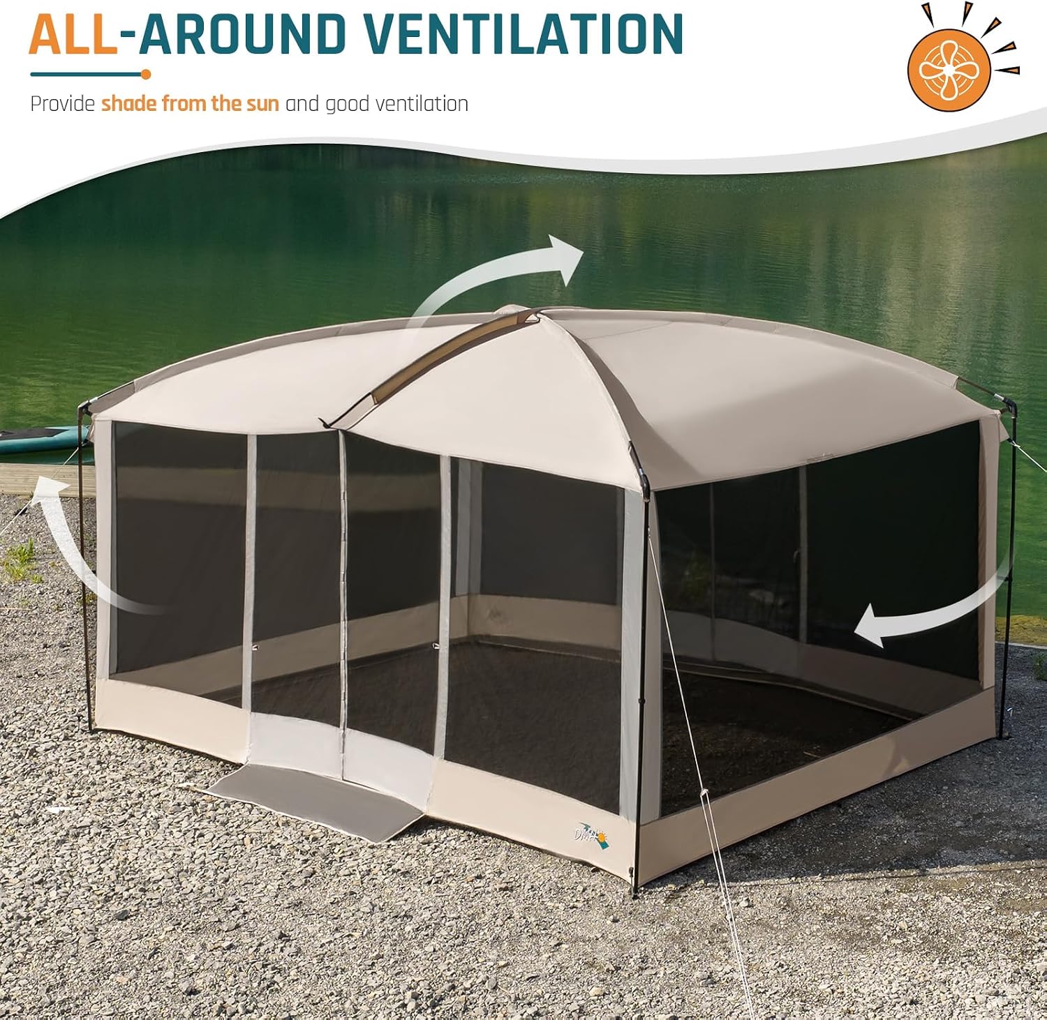 Magnetic Screen House Tent 13x9ft Screen Room Mesh Gazebos w/ 2 Magnetic Doors, Included Projection Screen, Camping Tent Screened Canopy Shelter for Outdoor Patios Backyards Activities (Beige)