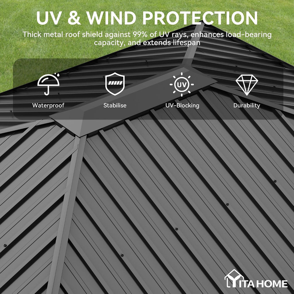 YITAHOME 10'X12' Single Hardtop Gazebo Metal Outdoor Patio Galvanized Iron Aluminum Column Garden Tent Curtains Netting for Backyards Decks Lawns,Gray