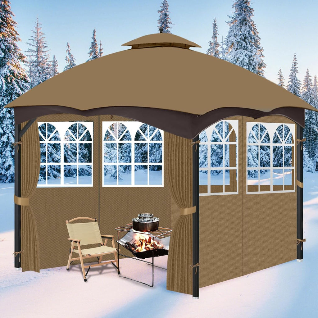 10'x12' Gazebo Curtains Outdoor Waterproof with PVC Windows, 4-Panel Sidewalls Universal Replacement Privacy Curtain, Outdoor Curtains for Patio, Backyard (Khaki)