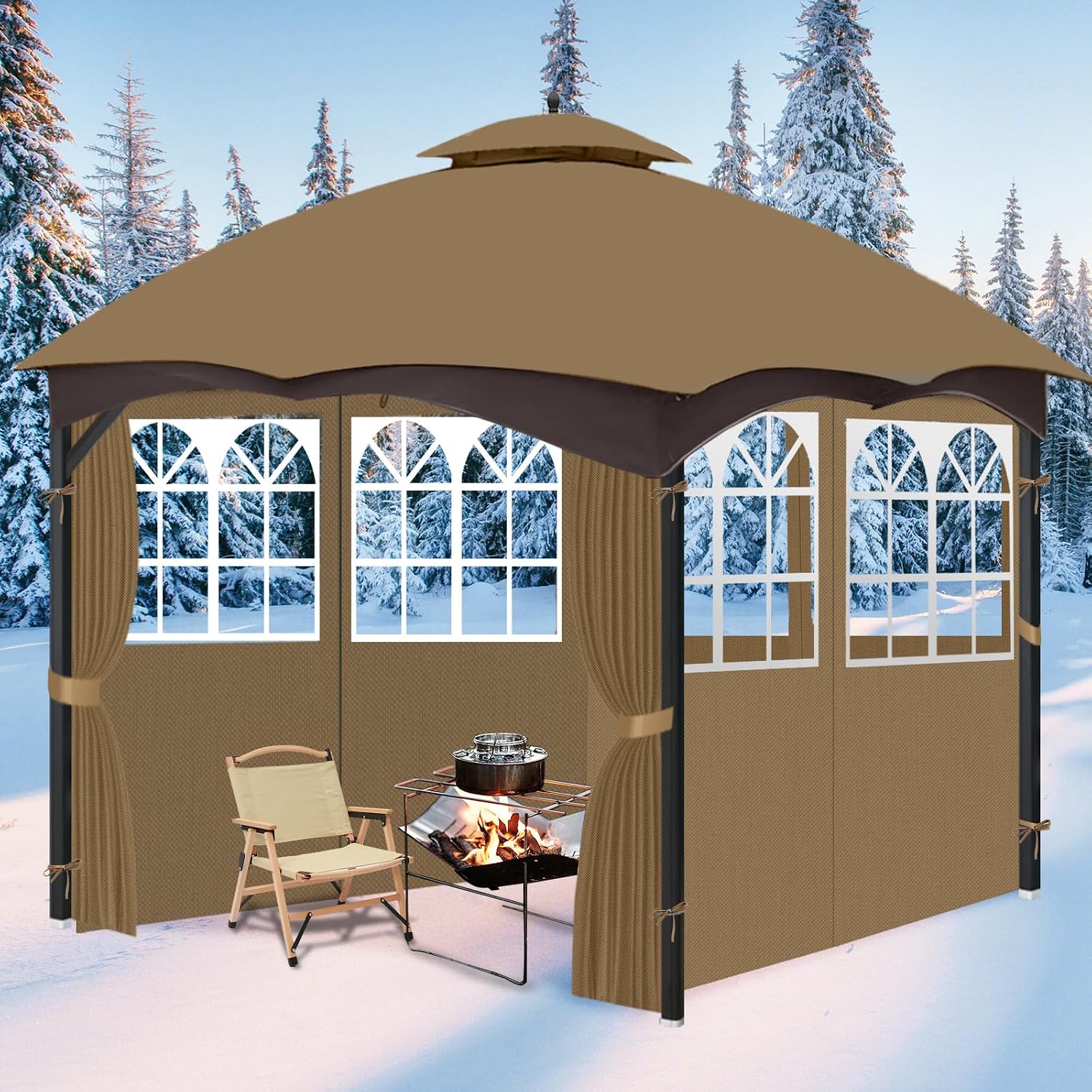 10'x12' Gazebo Curtains Outdoor Waterproof with PVC Windows, 4-Panel Sidewalls Universal Replacement Privacy Curtain, Outdoor Curtains for Patio, Backyard (Khaki)