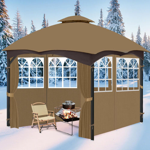 10'x12' Gazebo Curtains Outdoor Waterproof with PVC Windows, 4-Panel Sidewalls Universal Replacement Privacy Curtain, Outdoor Curtains for Patio, Backyard (Khaki)
